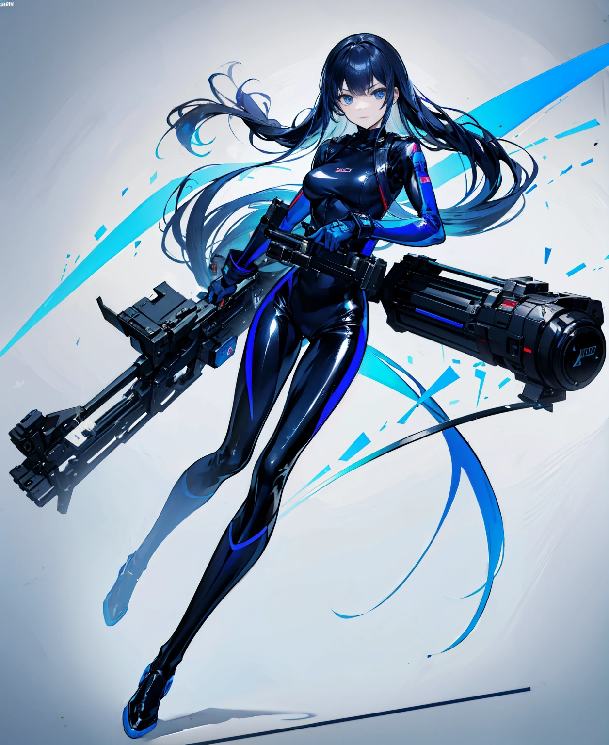 There is no background,girl,Carry a firearm,Patent leather tight suit,Use of firearms,Navy blue long hair,attention arousal,Blue colored eyes,No gradients