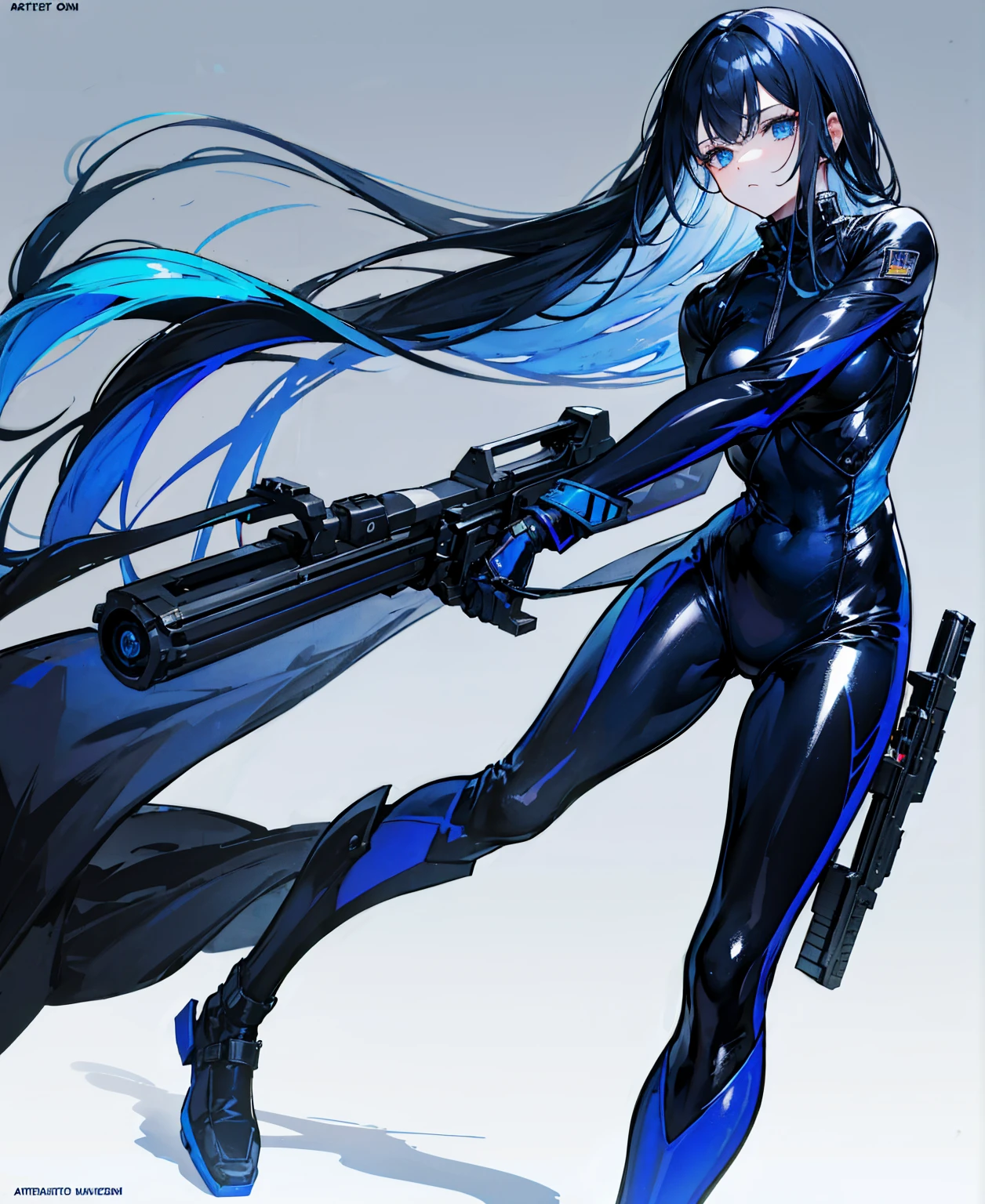 There is no background，girl，Carry a firearm，Patent leather tight suit，Use of firearms，Navy blue long hair，attention arousal，Blue colored eyes,No gradients