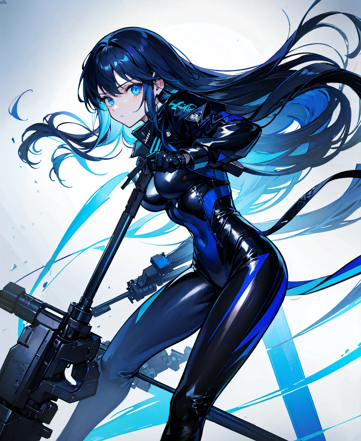 There is no background，girl，Carry a firearm，Patent leather tight suit，Use of firearms，Navy blue long hair，attention arousal，Blue colored eyes,No gradients