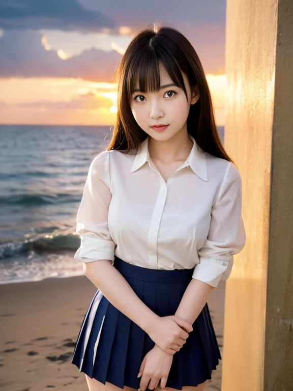 (highest quality, High resolution, Tabletop :1.3), (Shooting from below), high school girl、Wearing 、、Japanese women,(whole body)、24-years-old、Wearing a miniskirt、Healthy thighs、Even bangs、 Very beautiful face, Beautiful girls, Beautiful realistic face,Beautiful woman, Orange sunset sky, Sun and clouds with ocean in the background, her hair is black、I have a long hairstyle。. She is wearing a white blouse and a navy pleated skirt, Stand with your feet wide apart, Blushing, looking at the camera, Dynamic photography