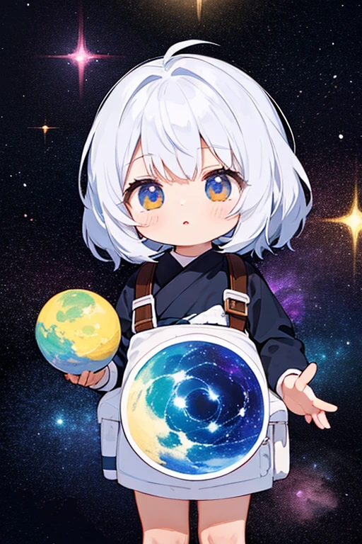 A little kid teaching cosmology、Galaxy painting on background