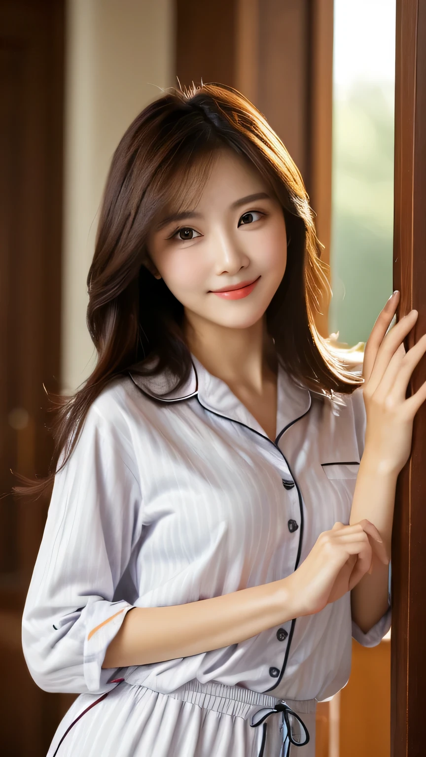 Tabletop, highest quality, figure, Very detailed, In detail, High resolution, 8k wallpaper, Perfect dynamic composition, Beautiful fine details, pajamas、After work、Long Hair,Center of chest, Natural color lip, Bold sexy pose,smile,20-year-old girl、cute、sexy shot looking at camera