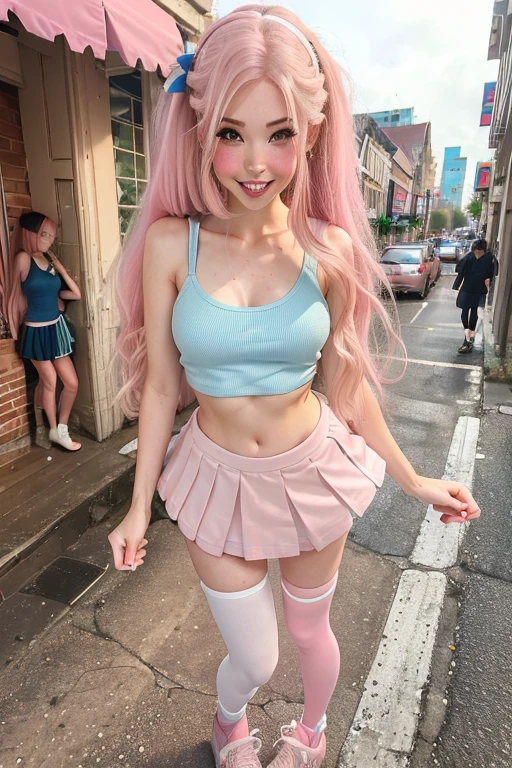 (masterpiece), best quality, expressive eyes, perfect face, (street background), (standing), (back view), (smile), (1girl, belle delphine, pale skin, freckles, pink hair, long straight hairstyle, brown eyes, big eyes, hourglass figure, thin body, skinny body, petite_body, short height, small , thick thighs, pink fingernails, blue tanktop, croptop, loose fit, pink pleated skirt, white stockings, pink heels),
