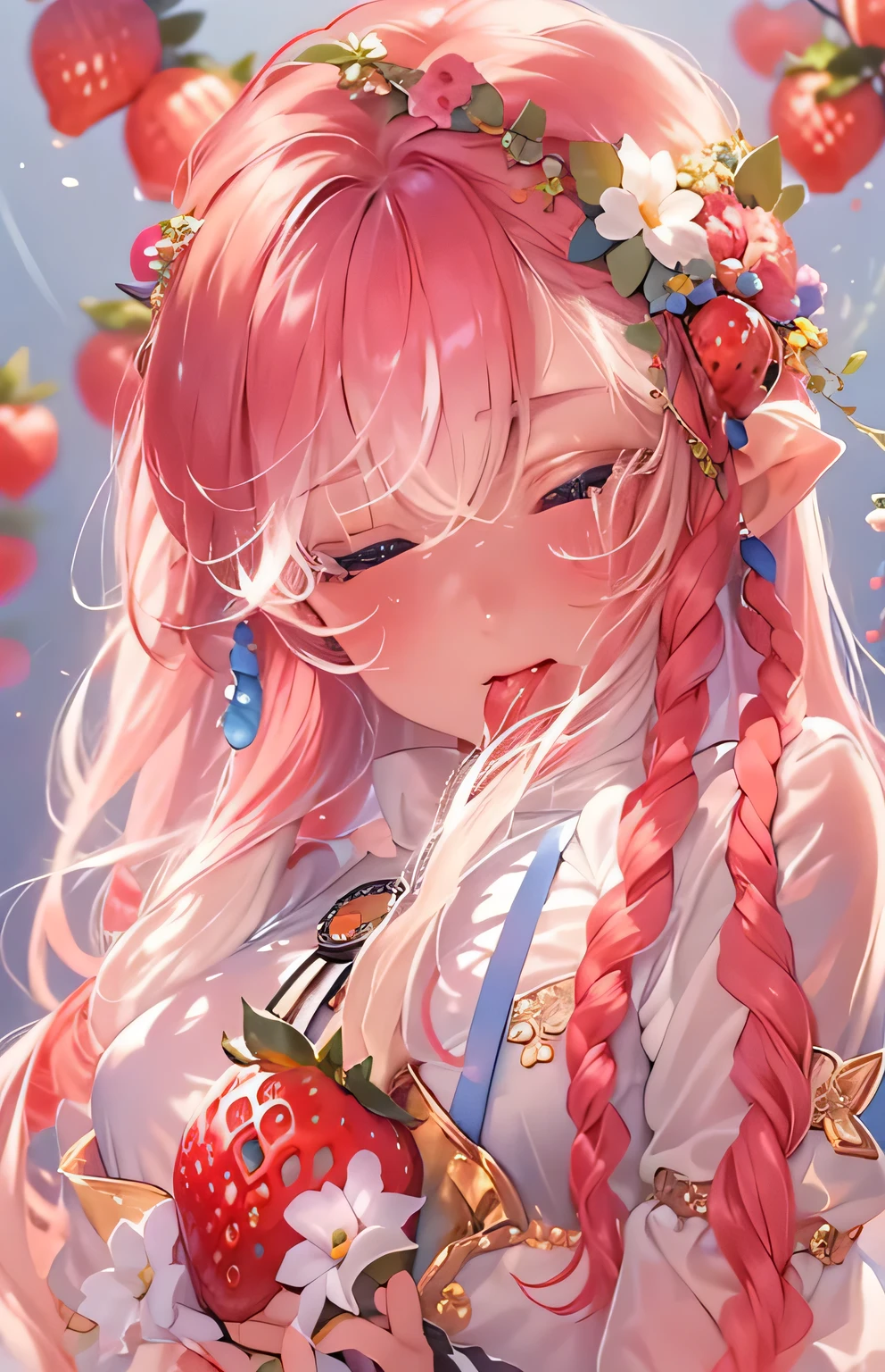 ((highest quality)), ((masterpiece)), (Get used to it), Perfect Face , beautiful girl , strawberry , Big Breasts , Long and beautiful hair , Braided hair ,
