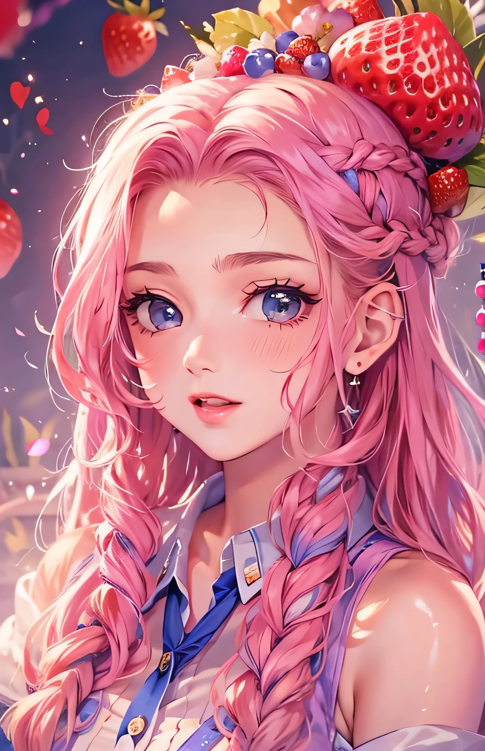 ((highest quality)), ((masterpiece)), (Get used to it), Perfect Face , beautiful girl , strawberry , Big Breasts , Long and beautiful hair , Braided hair ,