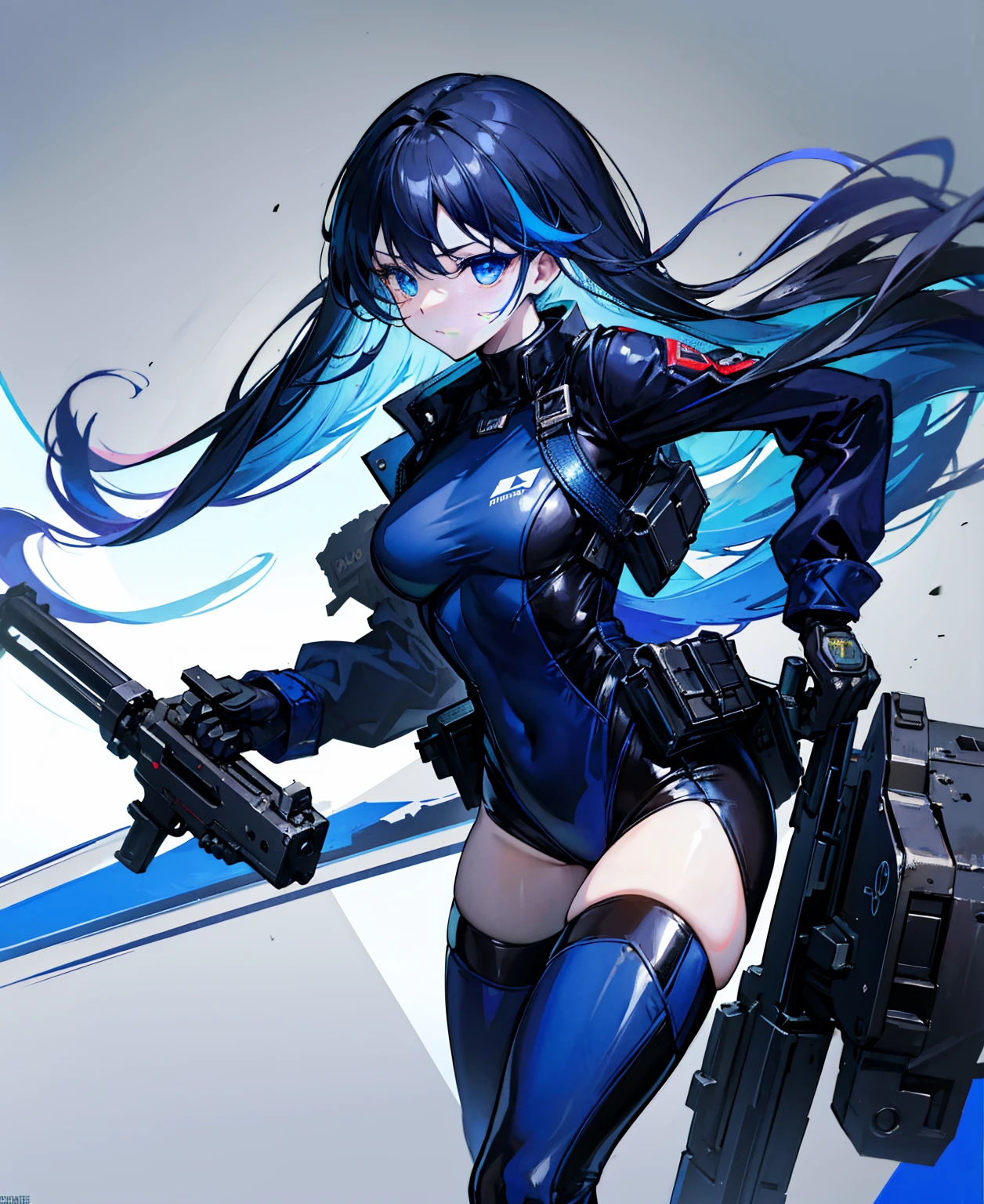 There is no background,girl,Carry a firearm,Patent leather tight suit,Use of firearms,Navy blue long hair,attention arousal,Blue colored eyes,No gradients
