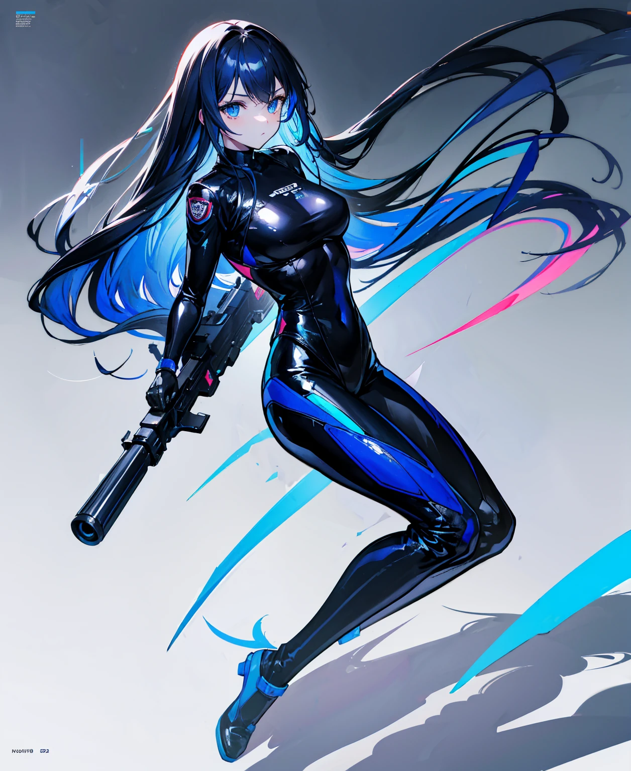 There is no background，girl，Carry a firearm，Patent leather tight suit，Use of firearms，Navy blue long hair，attention arousal，Blue colored eyes,No gradients