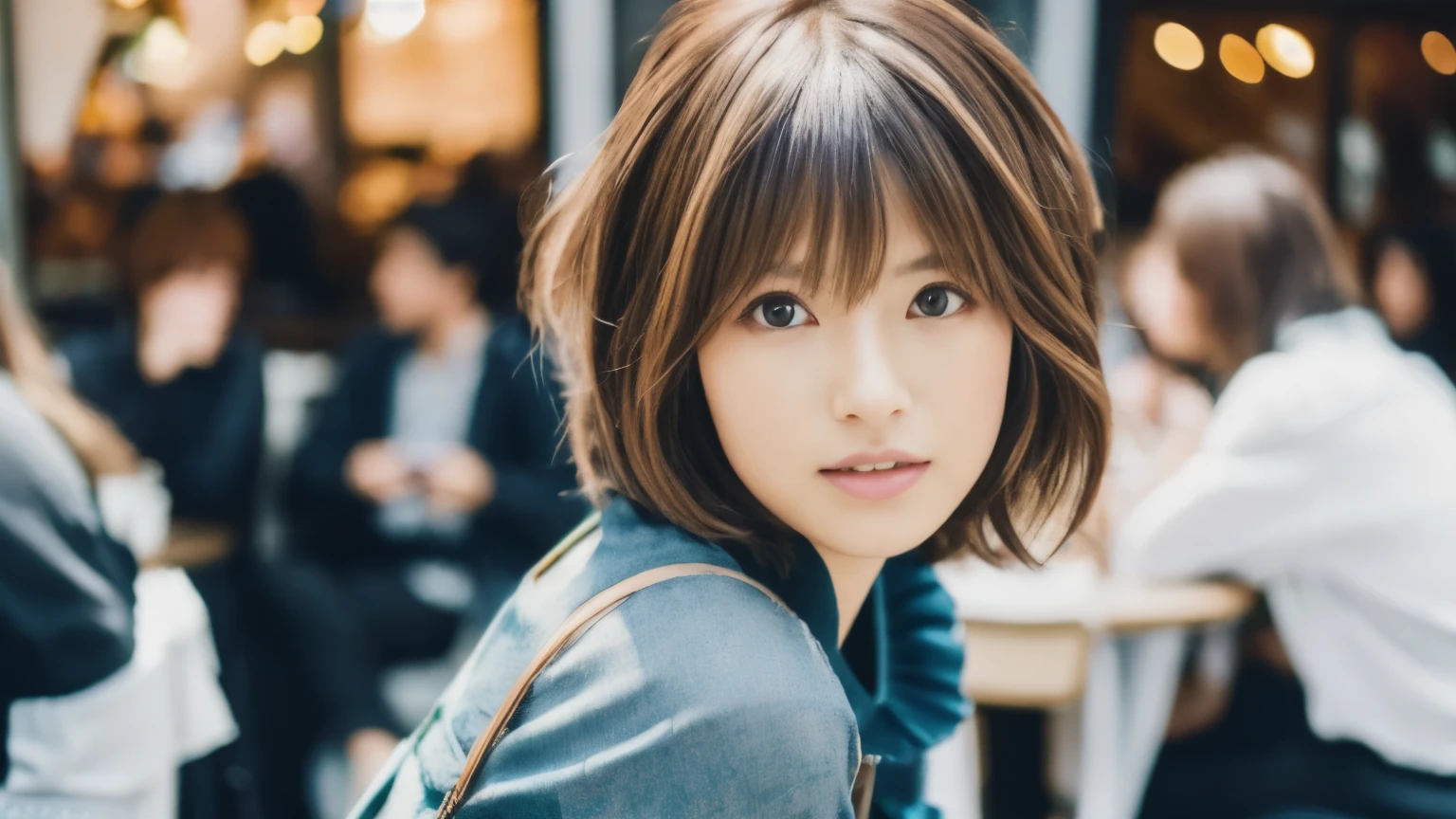 super high quality, Fashion Model, Short Hair, Slender, (8k、RAW Photos、highest quality、masterpiece:1.2), Japanese Idol, Serious expression, Shaggy, brown hair, Stylish café, Fashion magazine shooting, The cafe is crowded with people enjoying themselves., (Realistic、Photorealistic:1.37), Beautiful Face , Normal chest, Urban Cafe, A gentle gaze, Spring Clothes, Neat clothes,