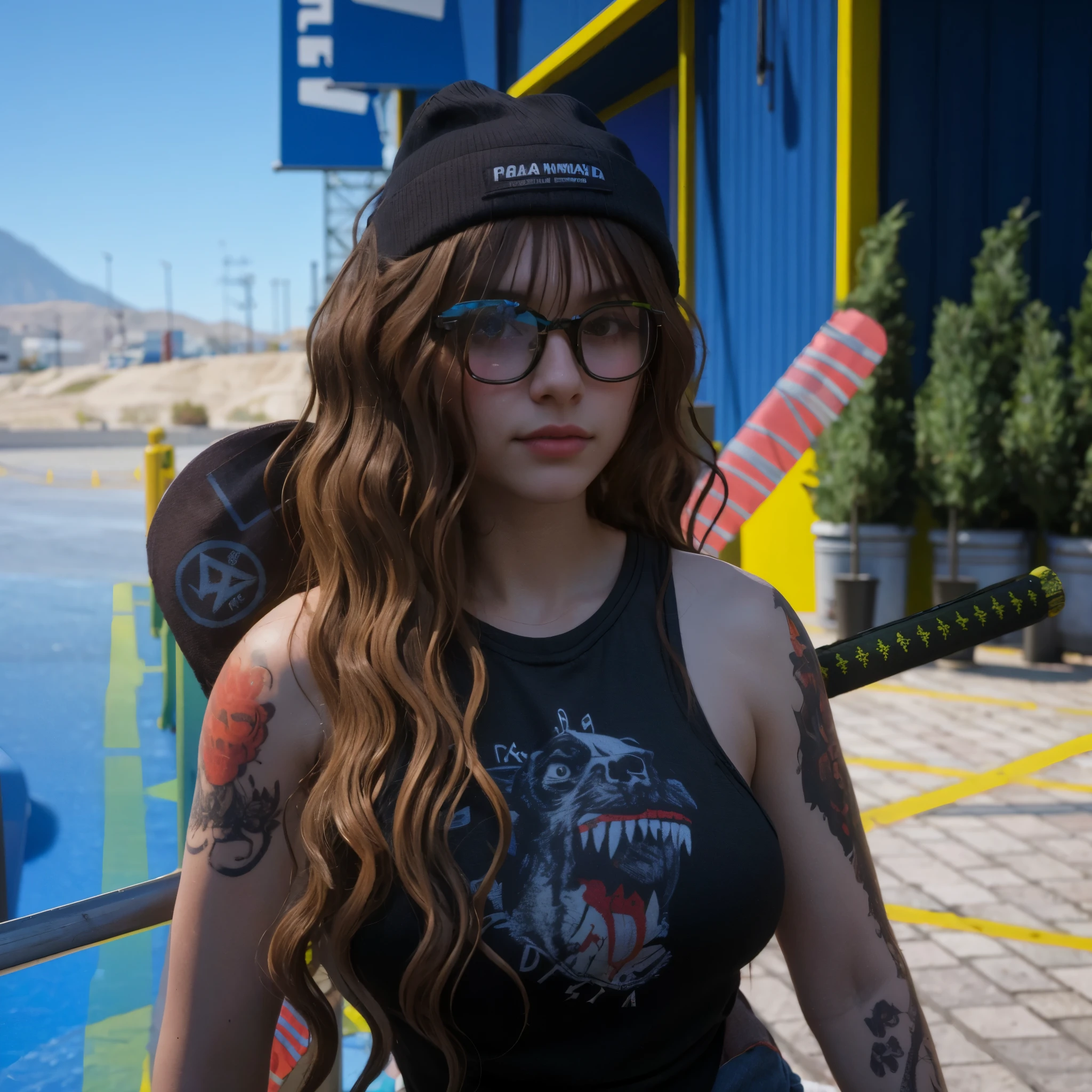 girl with wavy brown hair and black beanie,black tanktop, glasses