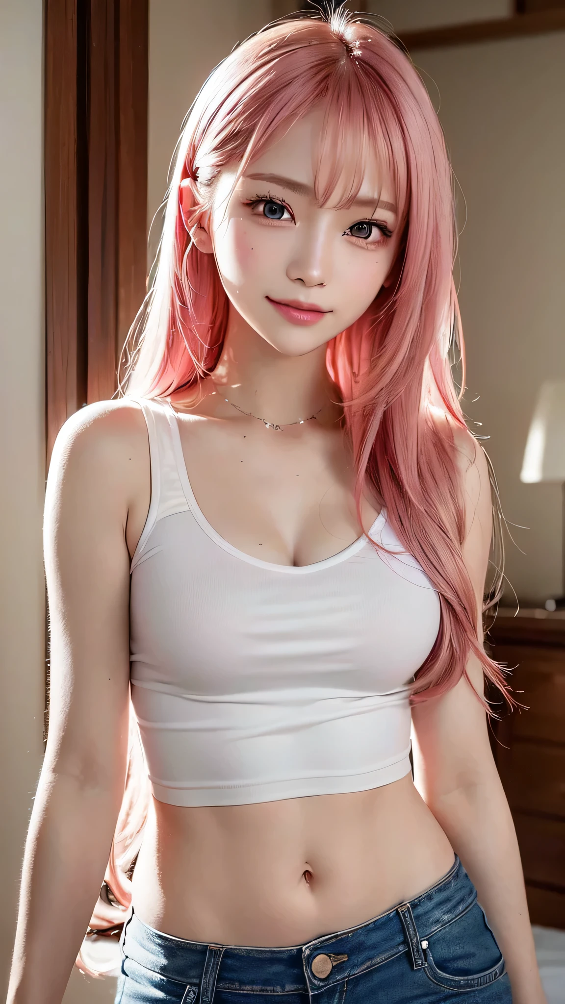 (Close-up:1.4)、(RAW shooting:1.2)、(Photorealistic:1.4)、(masterpiece:1.3)、(highest quality:1.4)、One Girl、(Slender and beautiful girl)、(Small waist)、(Mid-chest:1.2)、Breast、Absurd、Extremely detailed、Very complicated、Detailed face、Detailed eyes、Realistic、Very detailed、full body shot、Beautiful Face、One girl、Purple Eyes、(Shiny skin、Soft Hair)、(Milkshake in hand)、freckles、(Bright pink two-tone hair:1.3)、(ChibiTshirt、Denim jeans)、(Navel-baring look)、(Extreme light and shadow、Volumetric lighting、Rim Light)、(Rainbow Light、Light leakage)、(Fascinating、Grin)、evening、