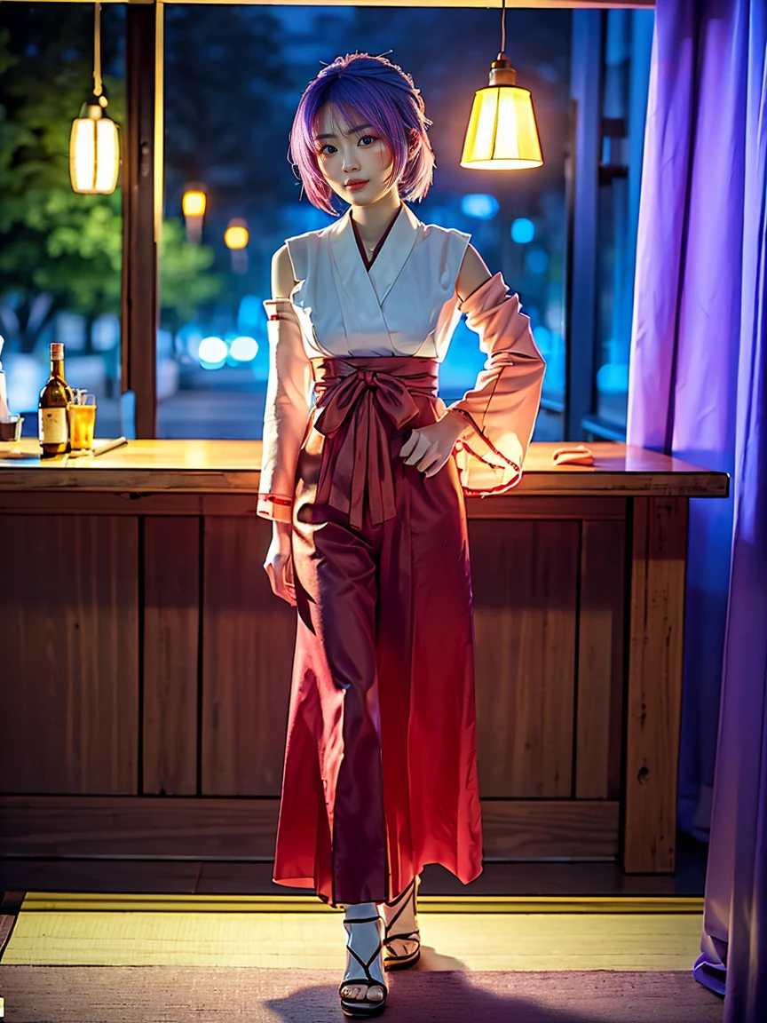 (1 lady), The beautiful, (Best quality at best:1.4), (ultra - detailed), (extremely detailed CG unified 16k), purple blonde hair, very detailed, High-definition RAW color photo, professional photoshooting, amazing face and eyes, cosmetics, (amazingly beautiful girl), ((Hanyuu)), ((japanese clothes, miko, detached sleeves, hakama, hakama skirt, skirt, red hakama, ribbon-trimmed sleeve)), standing, sexyposture，(Dark and stylish bar, drinks, lamp lights, lamp lights:1.3), (look from down), realistic cinematic face, head to feet long wide zoomed out view, full body long view, photorealistic, ((realistic natural purple hair style, purple eyes)), gorgeous, extremely beautiful face, perfect model beauty, pout mouth, flirting smile, cleavages, city girl, western, shopping in the city, (masterpiece), best quality, high resolution, extremely detailed, blurred background, depth of field, cinematic lighting, amazing legs, high heels, clear and well-cared skin,