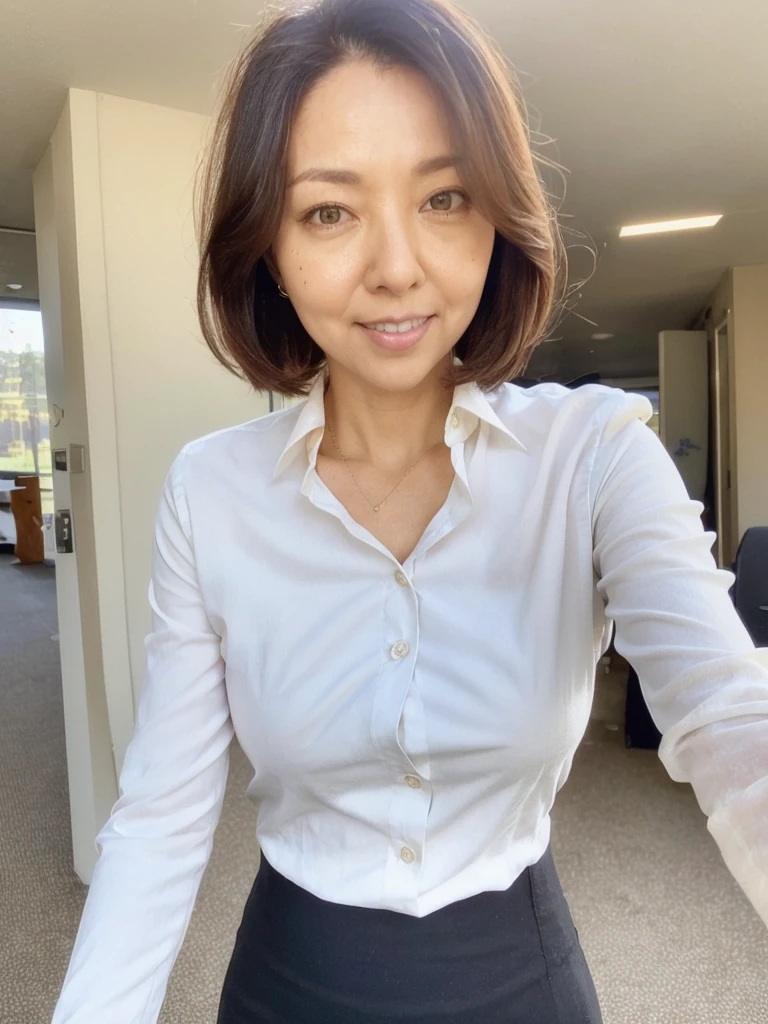 ((highest quality)), ((8K)), ((masterpiece:1.3)), (perfect look), (photorealism:1.6), (Japanese woman walking in the office area), (woman turning around), (Turn around and turn your eyes towards me), japanese woman, 47 years old, ((Realistic skin texture)), (Fine wrinkles throughout the skin: 1.3), (Dull skin: 1.1), (Skin without moisture: 1.2) , (Wrinkles on the face: 0.9), (Wrinkles on the corners of the eyes: 1.2), Double eyelids, tear bags on the lower eyelids, (Crying moles: 0.9),, small breasts, soft fabric blouse, wide sleeves, Cuffs that fit your wrist, (The hem of the blouse is tucked into the skirt: 1.2), (mermaid line skirt: 1.2), high heels, (focus on upper body: 1.4), hidako_face, 