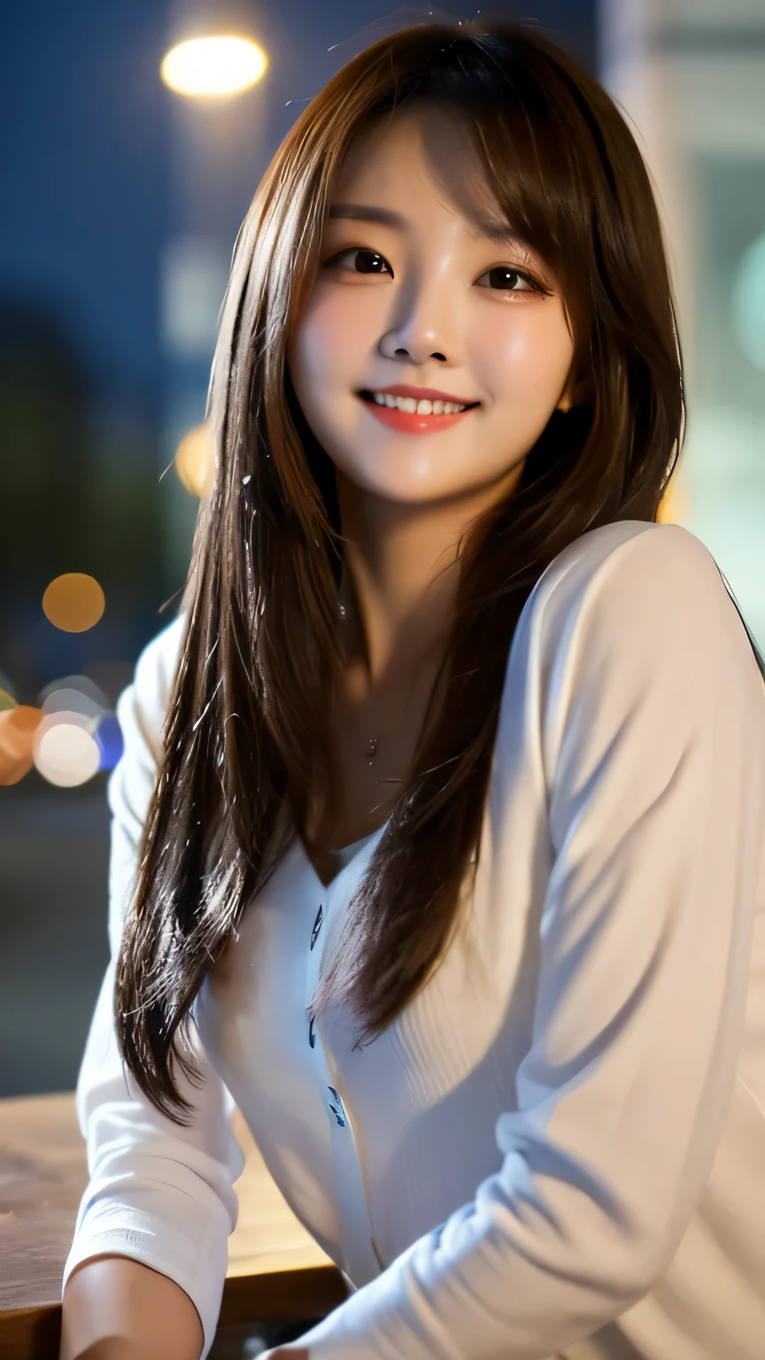 Tabletop, highest quality, figure, Very detailed, In detail, High resolution, 8k wallpaper, Perfect dynamic composition, Beautiful fine details、After work、OL、night、Long Hair,Center of chest, Natural color lip, Bold sexy pose,smile,20-year-old girl、cute、sexy shot looking at camera