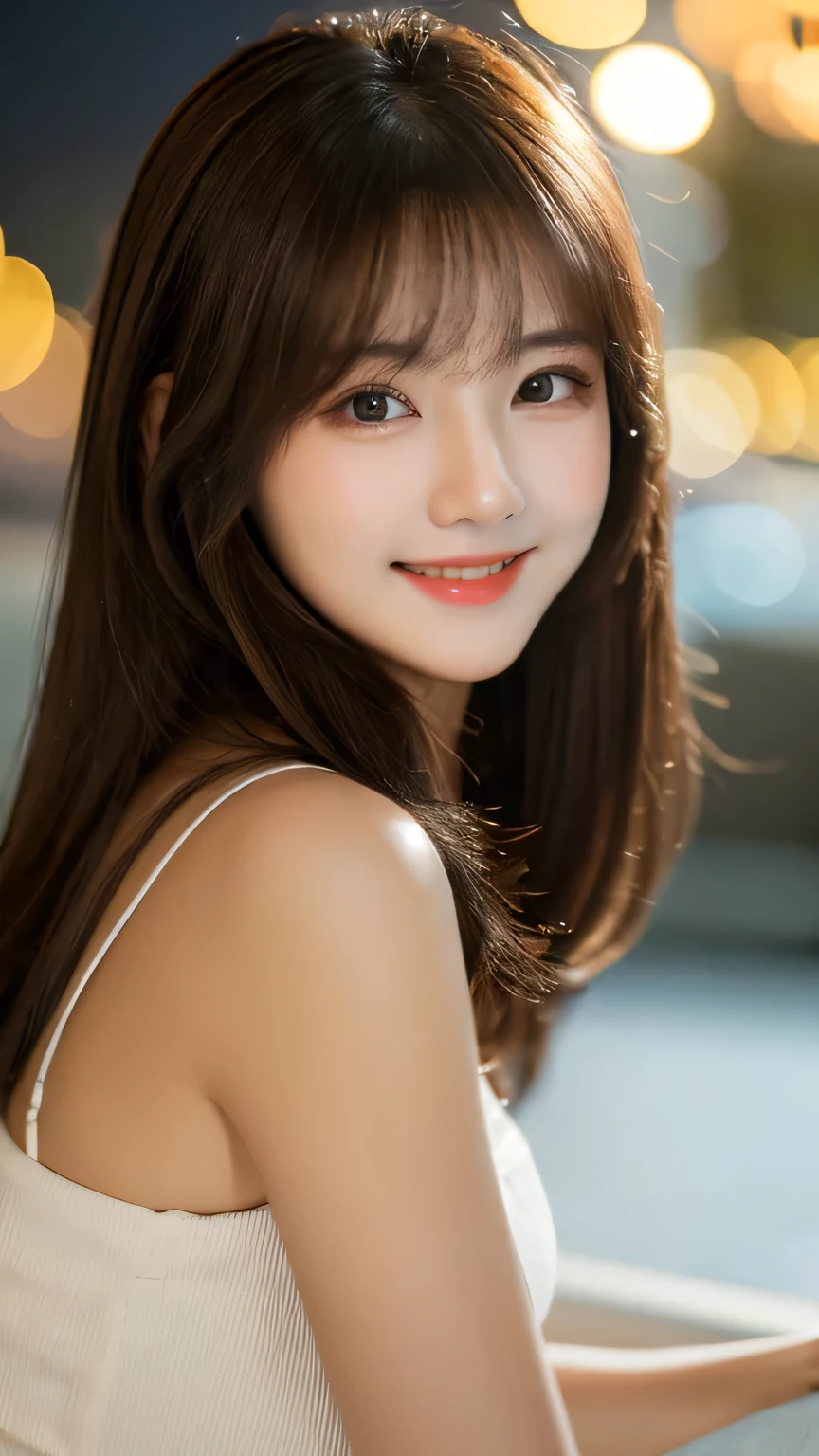Tabletop, highest quality, figure, Very detailed, In detail, High resolution, 8k wallpaper, Perfect dynamic composition, Beautiful fine details、After work、OL、night、Long Hair,Center of chest, Natural color lip, Bold sexy pose,smile,20-year-old girl、cute、sexy shot looking at camera
