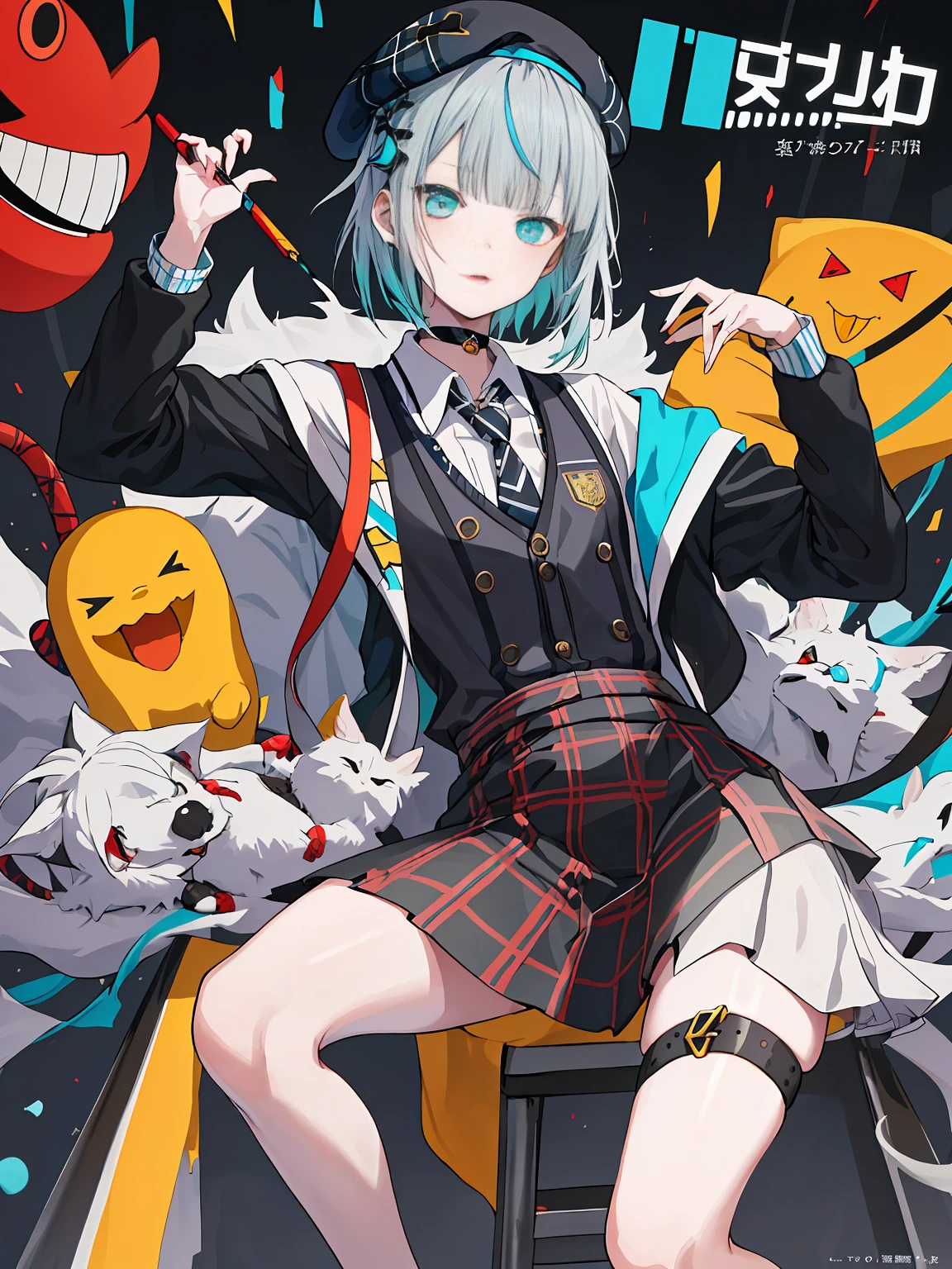 (((dramatic)))、(((Grainy)))、(((intense))))He appears as a central character in the movie poster.。The girl in the center of the poster is shy.、アイドルCostumeを着て、He has a determined look on his face.。backgroundは暗くて荒い、I feel drunk。テキストはBoldで目を引く、Catchy slogans add to the overall drama and excitement。The color palette is dominated by dark colors..、Light colored dots々、Create dynamic and visually impactful posters、Tachi- e(magazine:1.3)、(coverスタイル:1.3)、solo, Red gradient striped hair, short hair, Gray Hair, Lily(Waka), black beret, Checked skirt, choker, Cyan Sweater Jacket, Collared shirt, black plaid tie, Sleeves are longer than your fingers, Blunt bangs、fashionable、Vibrant、Costume、Pause、front、colorful、dynamic、background、element、Confident、Expressive、fail、statement、Attachmentajestic、Coiled、Surroundings、touch、scene、article、cover、Bold、to attract attention、title、low fashion、font、Catchy、title、big、to attract attention、Modern、 trend、concentrate、stylish、One Girl,mini skirt、Thighs Thighs Thighs Thighs