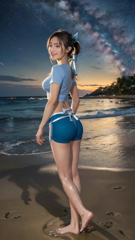 Masterpiece artwork, the best quality, oils, 1 girl, (Katara), ZaUm, elysiumChar, toned, (darkskin:1.3), chestnut hair, longye hair, diaphragm, white shirt, jewerly, blue bikini, ((cowboy shot, from the rear)), beach background, SUNSET, warm colours, (blue colored eyes:0.6), detailded, no panties, Kale, ((Katara))