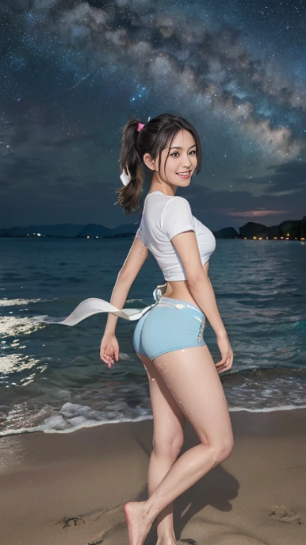 ((from below:1.3))、((Back view))、((Big ass))、(Shiny Hair),(Glowing Skin),((Very white skin)),Korean Beauty、Jet Black Hair、Long Hair、Twin tail hairstyle、((huge breasts:1.3))、((She is wearing a short-sleeved race queen costume with enamel material on the upper body.:1.5))、((Light blue and white clothes))、((Very small bikini-type shorts:1.5))、The navel is visible、((Close-fitting costumes:1.3))、Convention Hall、((motor Show))、Small waist、sexy、((Very revealing clothing:1.6))、Sports cars are displayed、Smiling with mouth closed、(naked:1.2)