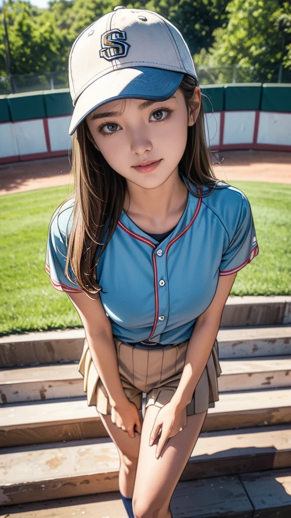 Limited to 1 female, From above, standing on the stairs, Lead the crowd in cheers, (Baseball Uniform Shirts), Jeggings, baseball cap, /(beige hair/) bangs, (Smile:0.8), (open your mouth), (Masterpiece of the highest quality:1.2) Delicate illustrations super detailed, big breasts, Open your hands wide and BREAK (Hold the Noisemaker) Handheld brake (court) outdoor, grass, audience, detailed background，((13 year old girl)), (((slim, thin waist, thin thighs, thin arms)))