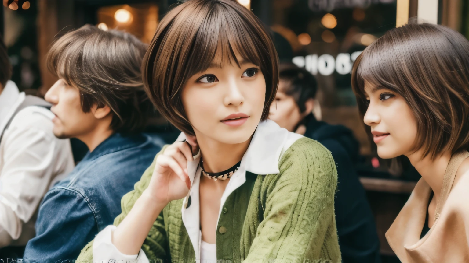 super high quality, Fashion Model, Short Hair, Slender, (8k、RAW Photos、highest quality、masterpiece:1.2), Japanese Idol, Serious expression, Shaggy, brown hair, Stylish café, Fashion magazine shooting, The cafe is crowded with people enjoying themselves., (Realistic、Photorealistic:1.37), Beautiful Face , Normal chest, Urban Cafe, A gentle gaze, Spring Clothes, Neat clothes,