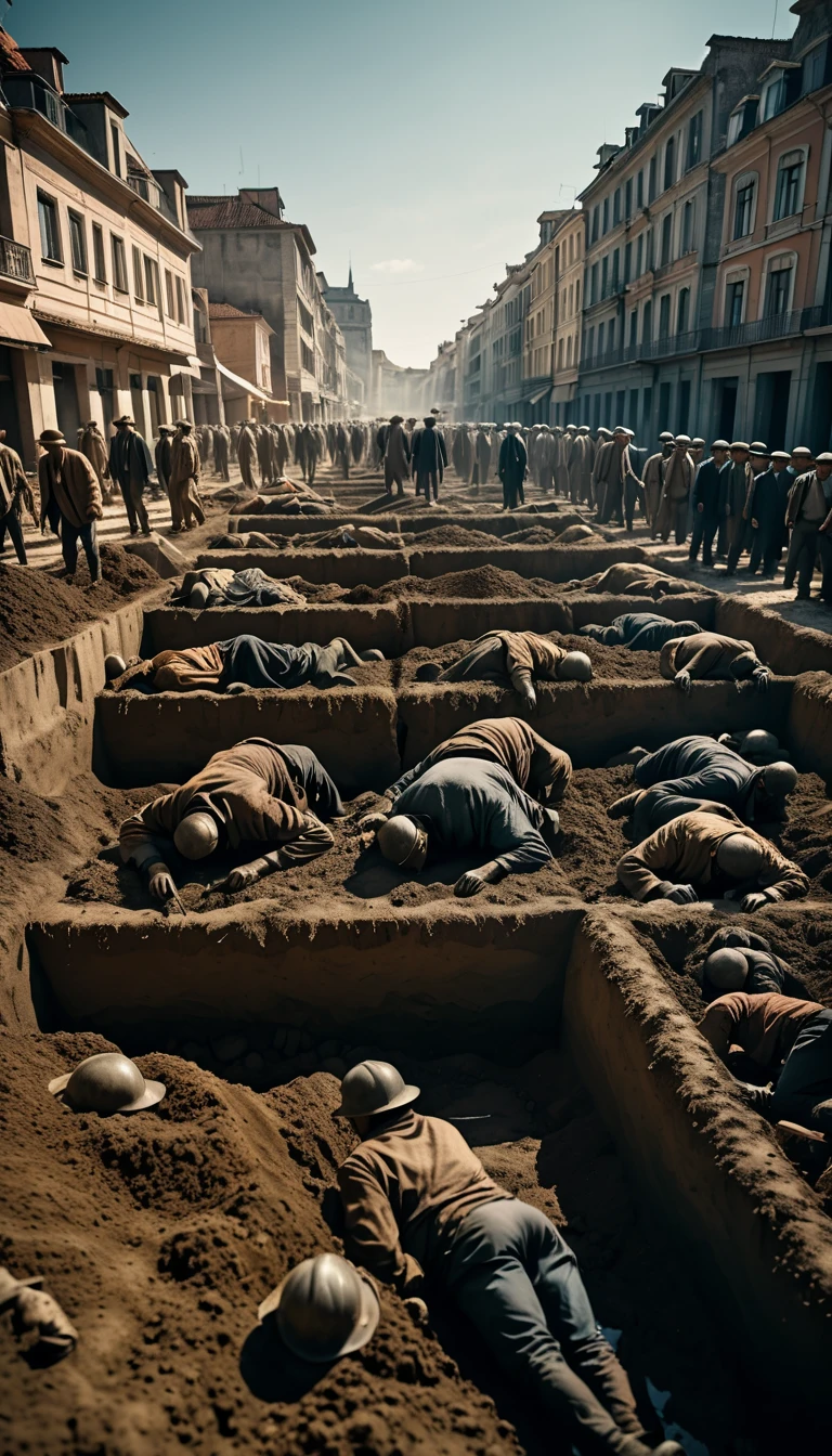 A mass grave being dug outside a city, with bodies piled high as gravediggers work tirelessly to keep up with the death toll, background cinematic, hyper realistic, ultra detailed hyper realistic, photorealistic, Studio Lighting, reflections, dynamic pose, Cinematic, historical accuracy, Color Grading, Photography, Shot on 50mm lens, Ultra-Wide Angle, Depth of Field, hyper-detailed, beautifully color, 8k