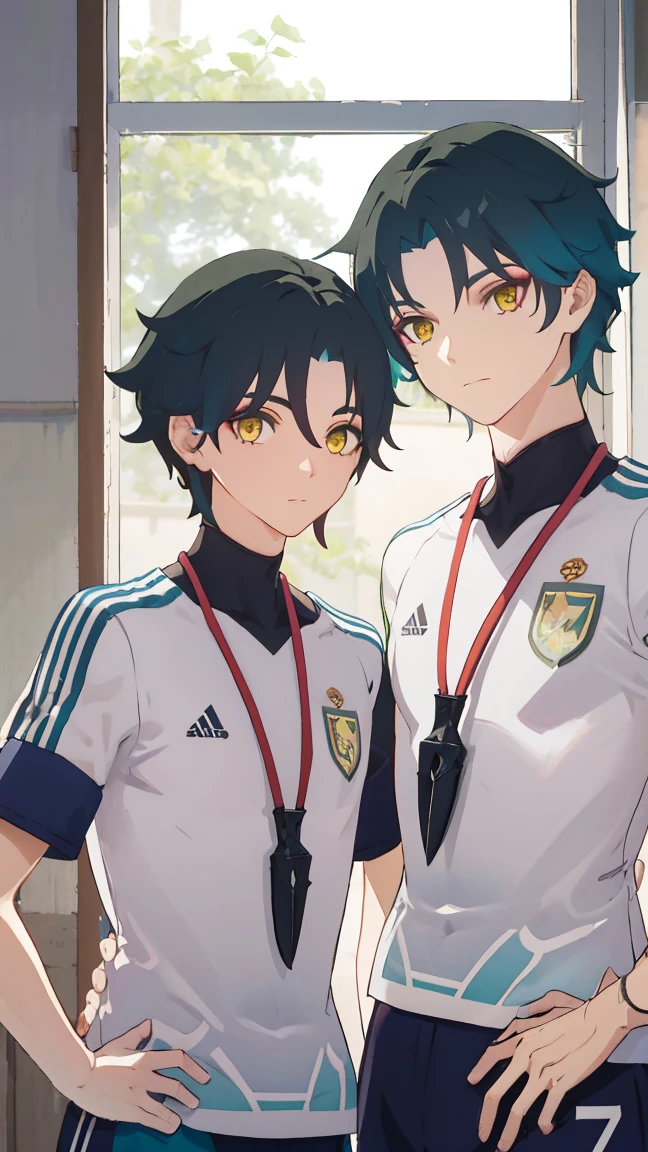 2 boys,dark green hair,highest quality,masterpiece,excessive,male focus,yellow eyes,beautiful eyes,beautiful boy,School,between men,Spouse,soccer club members,Blue soccer uniform,soccer,high school,soccer uniform,blue clothes,soccer court,teammate,same clothes,shoulder to shoulder,feminine,good friend,best image quality,