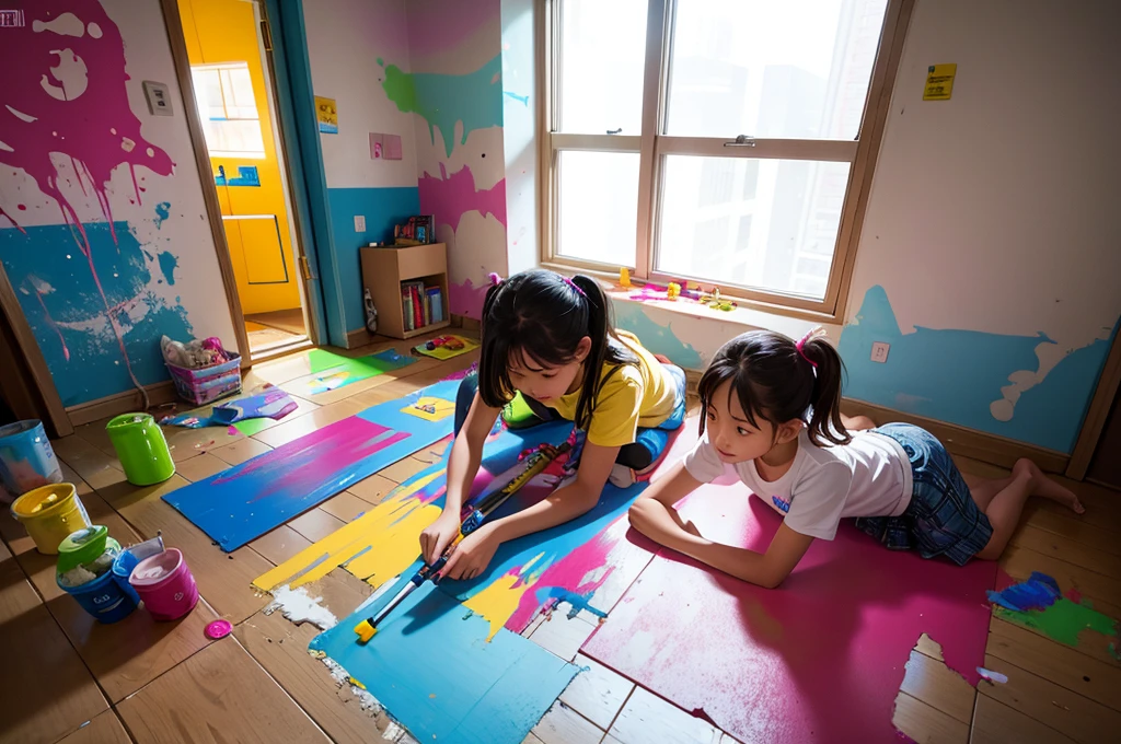 (masterpiece, highest quality, Highest image quality,photorealistic, Raw photo),the kids, use various gadgets to paint each other and paint the walls and floors,splatoon,colorful,beautiful lighting, volumetric lighting, dynamic angle, sharp,