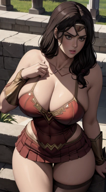 superwoman costume, superman logo on her chest, short red skirt, huge breasts, big sized breast, cleavage, MILF, thigh legs, Long black hair, hair over shoulder, brown eyes, perfect curvy shaped body, superwoman costume, ultra realistic squinting sexy eyes , massive sized breast, standing, thigh legs, brown colour eyes, ultra realistic detailed shiny brown eyes, beautiful and perfect face, sunlight and garden background, black hair, bright brown colour eyes, wonder woman costume,