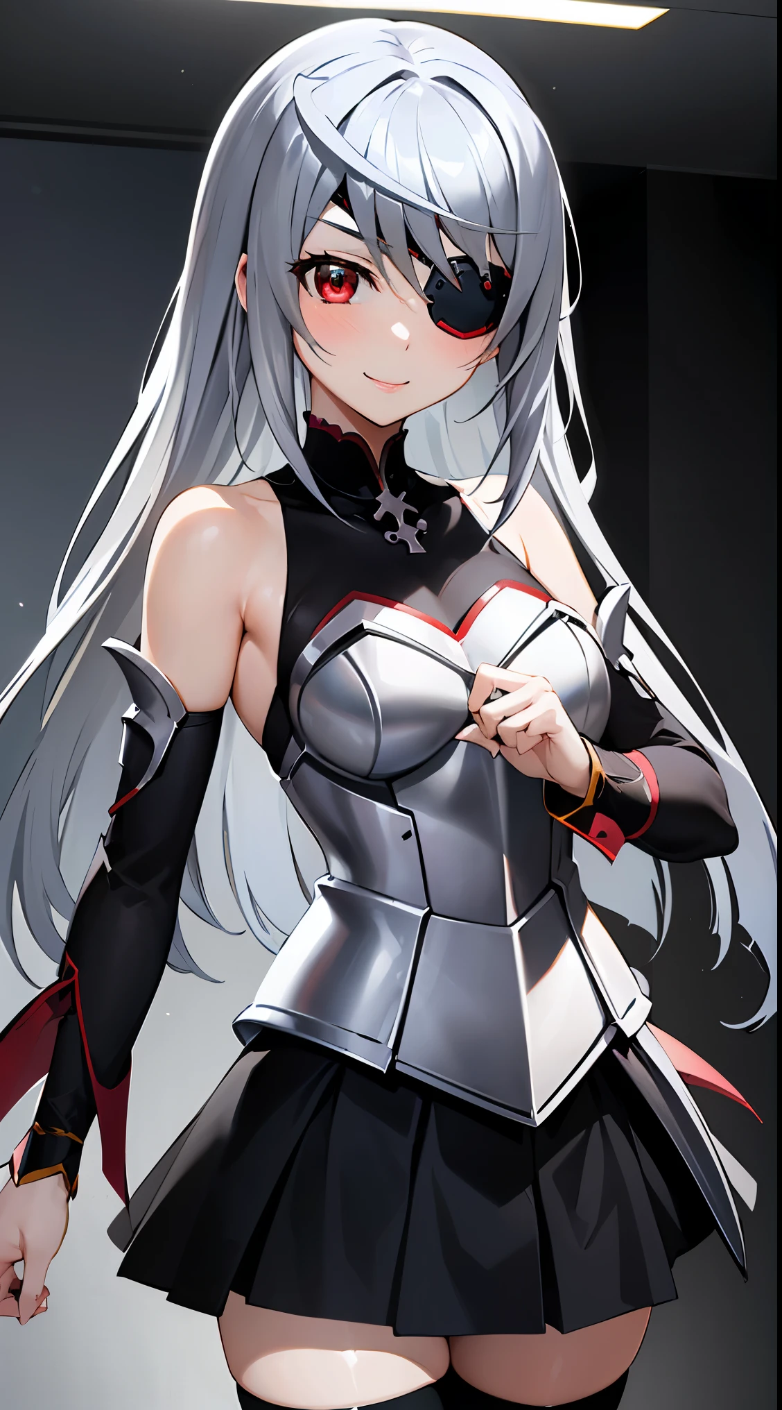 1girl, solo, looking at viewer, aalaura, long hair, eyepatch,
BREAK (skirt, thighhighs, bare shoulders, detached sleeves, armor, white thighhighs, breastplate:1.2)
BREAK（upperbody closeup)，Raised sexy，is shy，ssmile，
BREAK the background is a high-tech lighting scene of the future city.
BREAK (masterpiece:1.2), best quality, high resolution, unity 8k wallpaper,NSFW ,(illustration:0.8), extremely detailed face, perfect lighting, extremely detailed CG, (perfect hands, perfect anatomy),