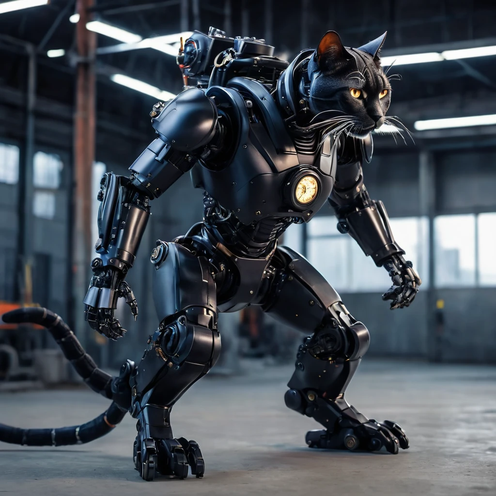 A realistic photo of a humanoid robot (Anthropomorphic) A big dark hero cat in a high-tech suit, Action Movement, Full pose, whole body, steampunk, Attention to detail, Many image details, 8k, Surreal