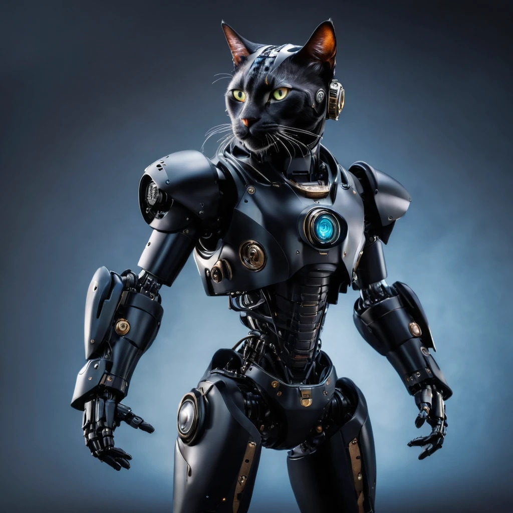 A realistic photo of a humanoid robot (Anthropomorphic) A big dark hero cat in a high-tech suit, Action Movement, Full pose, whole body, steampunk, Attention to detail, Many image details, 8k, Surreal