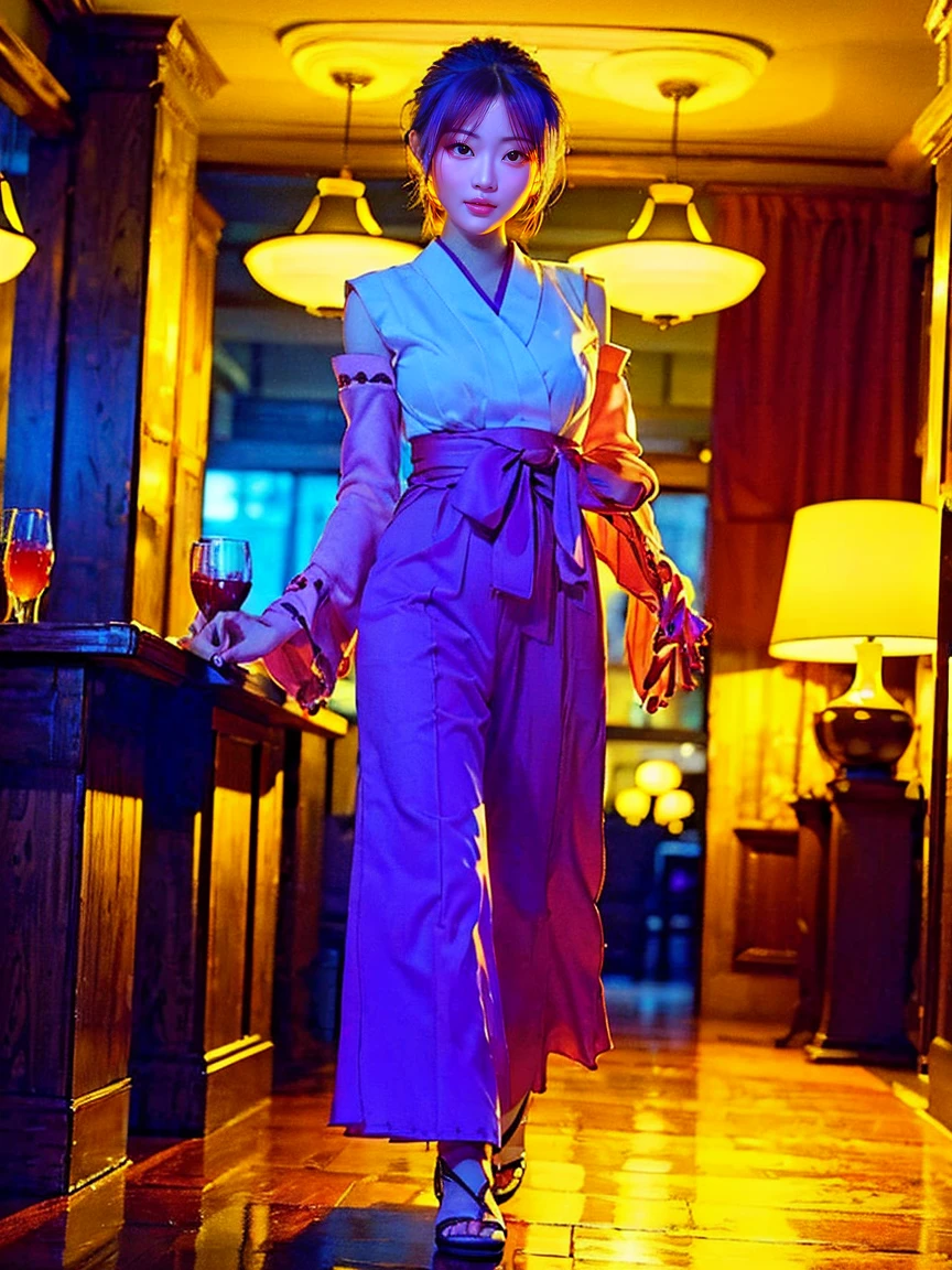 (1 lady), The beautiful, (Best quality at best:1.4), (ultra - detailed), (extremely detailed CG unified 16k), purple blonde hair, very detailed, High-definition RAW color photo, professional photoshooting, amazing face and eyes, cosmetics, (amazingly beautiful girl), ((Hanyuu)), ((japanese clothes, miko, detached sleeves, hakama, hakama skirt, skirt, red hakama, ribbon-trimmed sleeve)), standing, sexyposture，(Dark and stylish bar, drinks, lamp lights, lamp lights:1.3), (look from down), realistic cinematic face, head to feet long wide zoomed out view, full body long view, photorealistic, ((realistic natural purple hair style, purple eyes)), gorgeous, extremely beautiful face, perfect model beauty, pout mouth, flirting smile, cleavages, city girl, western, shopping in the city, (masterpiece), best quality, high resolution, extremely detailed, blurred background, depth of field, cinematic lighting, amazing legs, high heels, clear and well-cared skin,