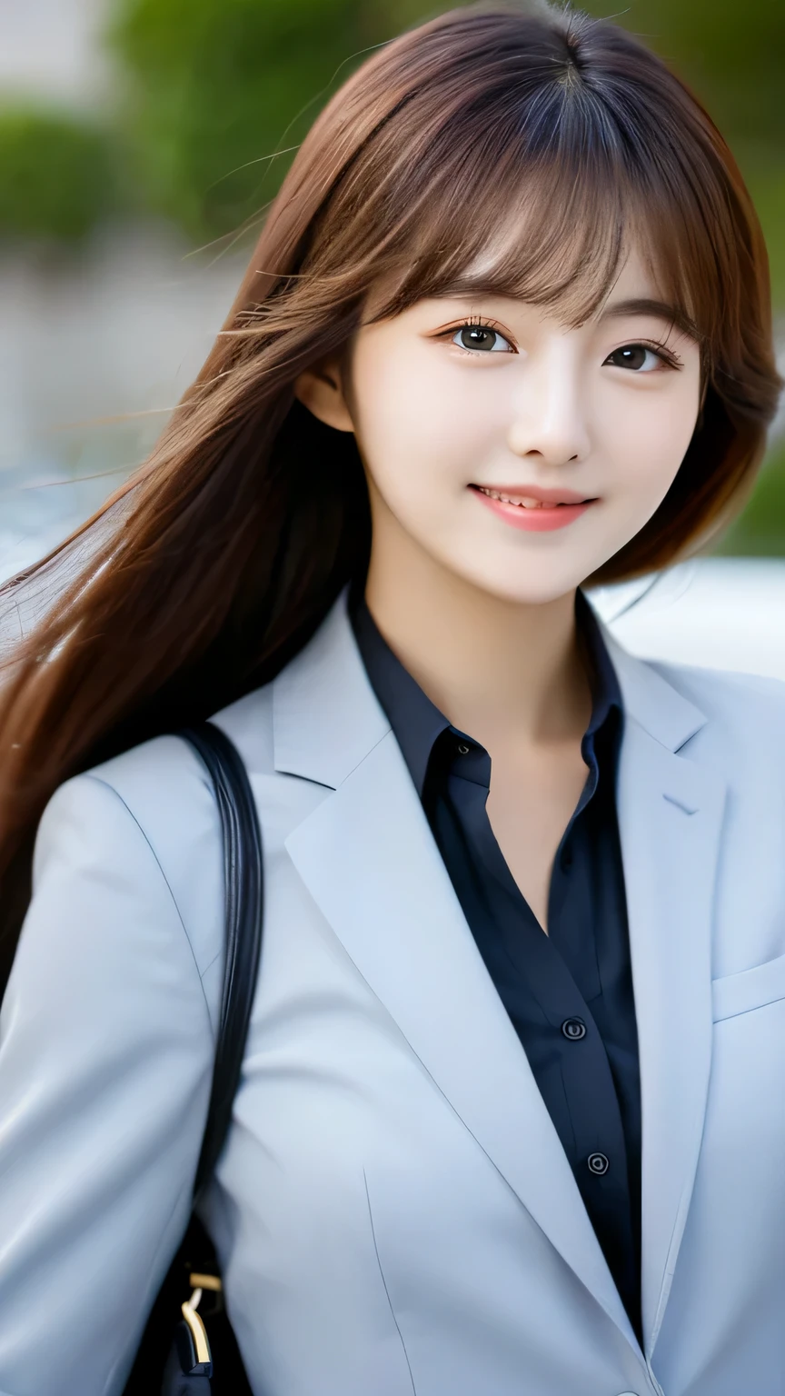 Tabletop, highest quality, figure, Very detailed, In detail, High resolution, 8k wallpaper, Perfect dynamic composition, Japanese、Beautiful fine details、After work、OL、Women's Suits、night、Long Hair,Center of chest, Natural color lip, Bold sexy pose,smile,20-year-old girl、cute、sexy shot looking at camera