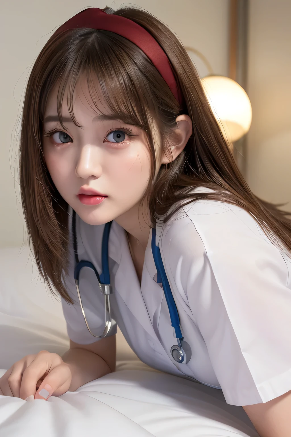 (1girl)、(Japanese、27 years old、Refreshing、clear、seems kind、stylish、(narrow eyes)、Pitiful、cute like an angel、cute、black eyes、Idol,actress,), Good style and slenderness, (Beautiful big breasts:0.7),(soft breasts),(very cute),(brown hair),,(tendrils),(medium long hair),(enchanting eyes),(highlight on eyes:1.2)、(8K、Live shooting、highest quality、masterpiece:1.2、optimal lighting)、((masterpiece)),(Photo taken by a professional photographer),(real、photo real:1.4),break,{ (white nurse costume),(((taraditional nurse uniform))),(white nurse mini skirt),(( pantyhose)),(cleavage:0.7)},(Sad face:1.5),(cheeks are red:1.4)、,((talking to a patient lying in bed:1.2))、Face close-up:1.3,Looking at viewer、Mouth wide open, break, break,Hospital room,Hospital bed,