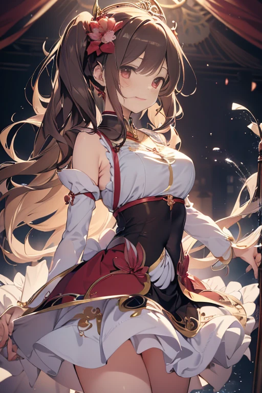 (Best quality),(4k), [highly grand details CG painting]!!,(cheer sticks),(((the Greatest masterpiece,))) (ultra detailed),(((Puella Magi Madoka Magica))),(intricately details),(Natural,mature face),((((beautiful stage)))),(dynamic angles,)(aggressive winds),(dynamic lighting),(blooming,synthetic wave), (reality: 0.7), solo,1 girl,Long eyelashes,twintails,watery eyes,reflected eyes,brown haired deity,floating hair,(comfortable flower dress),((elegant and conservative cloth)),seductive smile,arms behind back