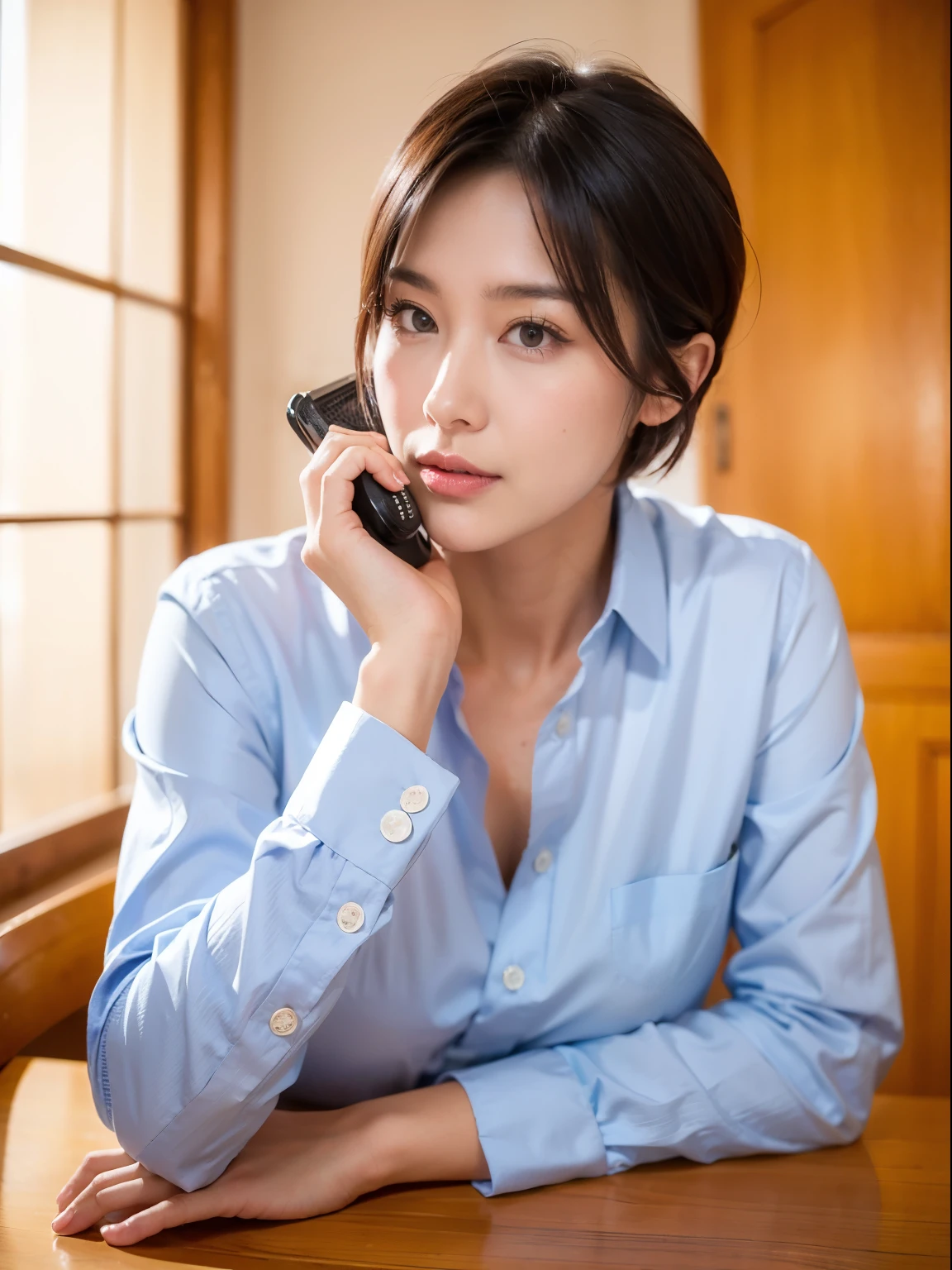（５０A room in an old building built over 100 years ago、There is only one window、There is a river outside、Mountains are visible in the distance）、（Small office、Old desk、６０Only the light of a watt of incandescent light）、（There is a landline phone on the desk２A table is provided）、（A woman in a grey office uniform）、Japanese、３８age、Standard body shape、D cup breasts、Short black hair、Meaty legs、Hair tied up、笑face、Ultra-high resolution、(photoGenuineistic:1.4)、RAW Photos、Japanese,(face)、Genuine、Photographed in natural light、Highly detailed face and skin texture、Highly detailed lips、The correct state of the human body、Shortcuts、short hair、short hair、