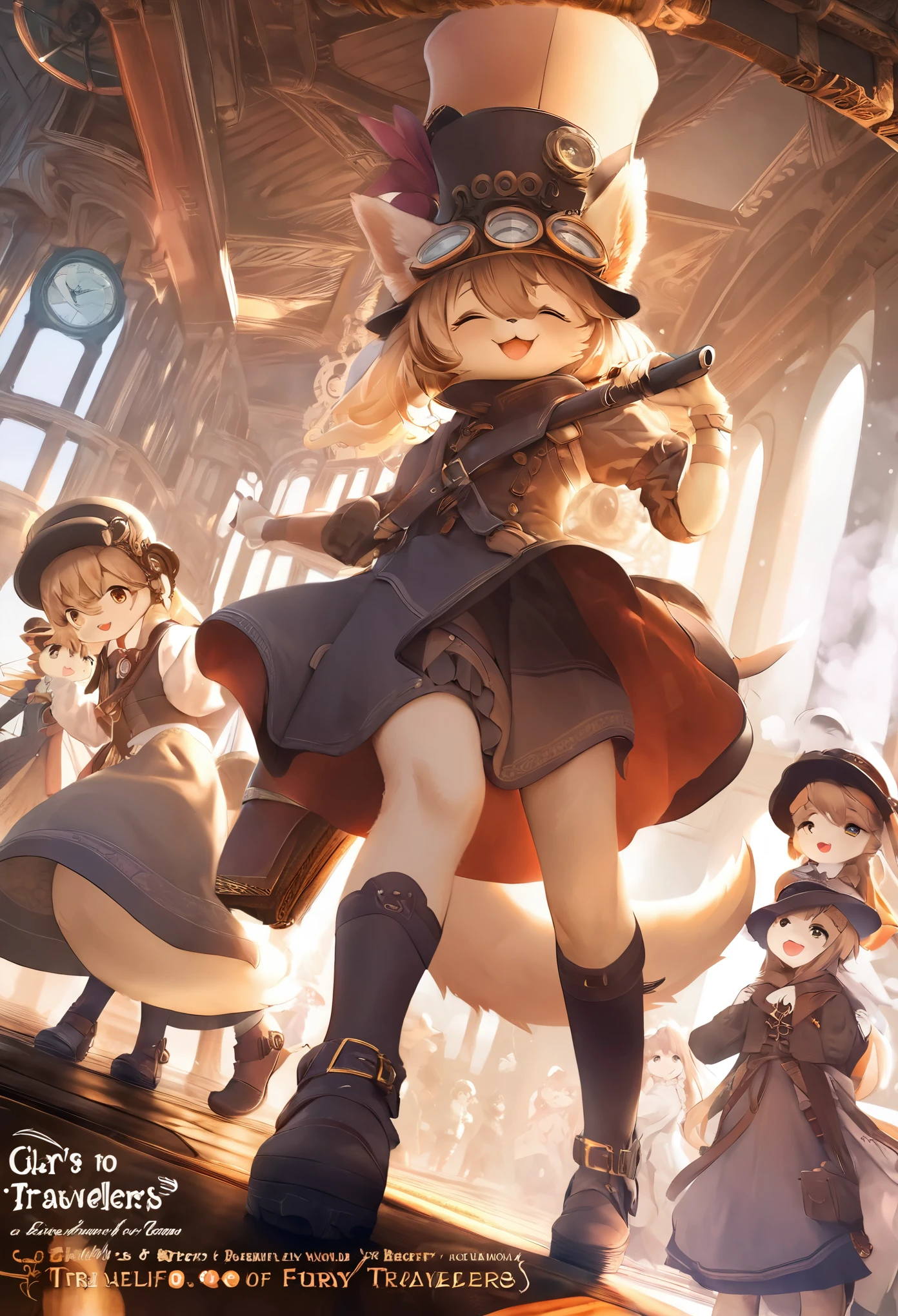 cover_page, highres, top quality, best quality, paid reward available, High-quality illustrations, unparalleled masterpiece, perfect artwork, absurdres, super high resolution, detailed background, Steam punk, Beautiful World Heritage, 6+boys, 6+girls, Happy, joyful(Photos of solo travelers)(kemono, furry anthro)cinematic lighting, dynamic angle,