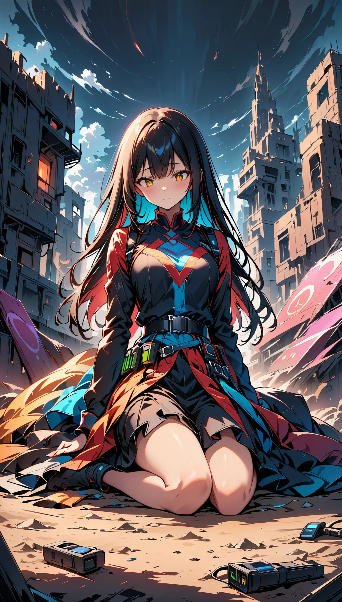 (highest quality:1.2, Very detailed, up to date, Vibrant, digital coloring, High Contrast, masterpiece:1.2, Best Quality, Best aesthetics), 1 female, Black Hair, Long Straight Hair、Sitting on a pile of junk, Look down, Painful expression, military uniform, Torn clothes, Belt with equipment attached, Unusable communication gadgets, A city with no one, End of the World, Ruined City, Dark color palette,Smoke, Sand Dust, A long, dark night.