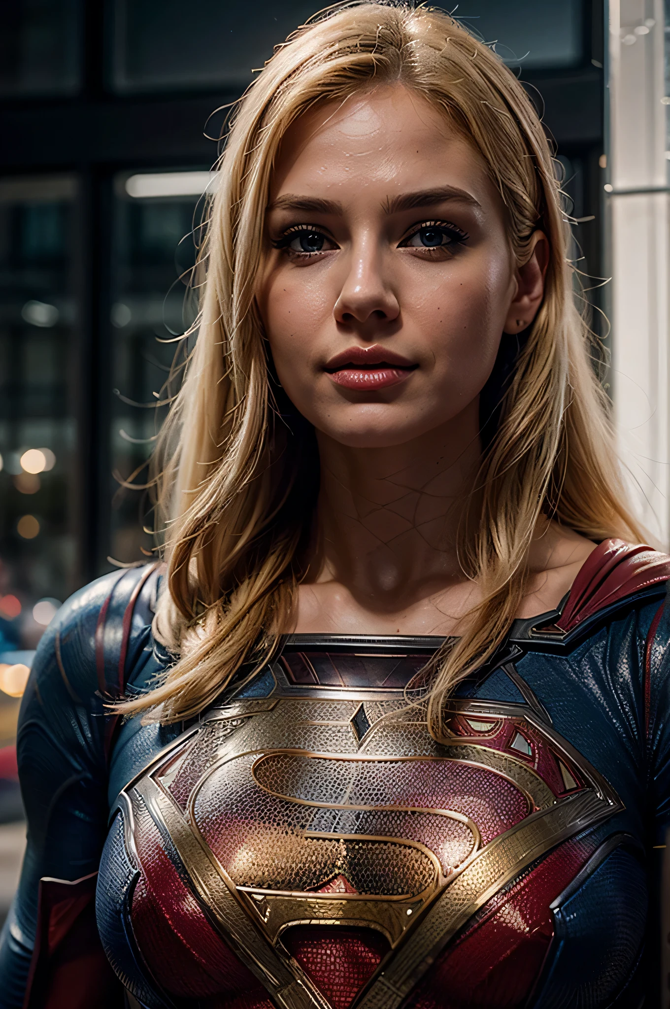 a close up of a realistic blonde woman in a superman costume posing for a picture, superhero portrait, supergirl, 8k artgerm bokeh, wojtek fus, super hero art, super photo realistic, stunning digital illustration, realistic digital art 4 k, realistic digital art 4k