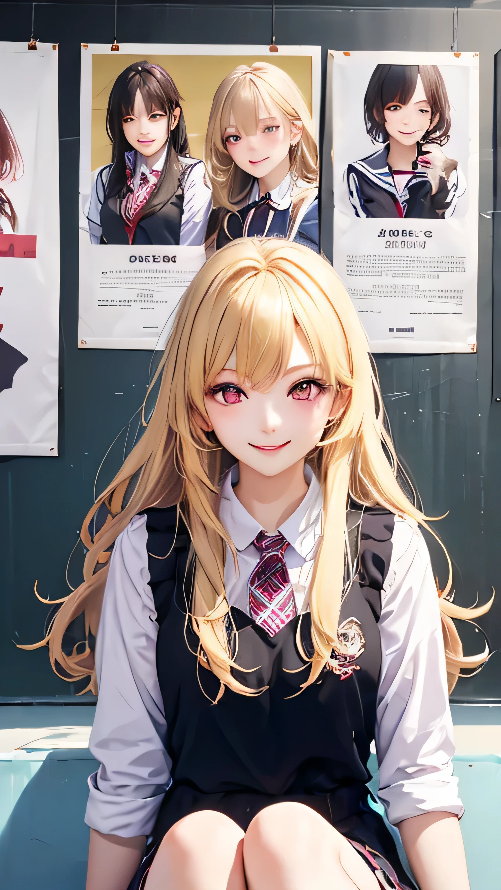 Blonde long hair high school girl,Red eyes,, highest quality, Poster,Wink,smile,((Model photos only))