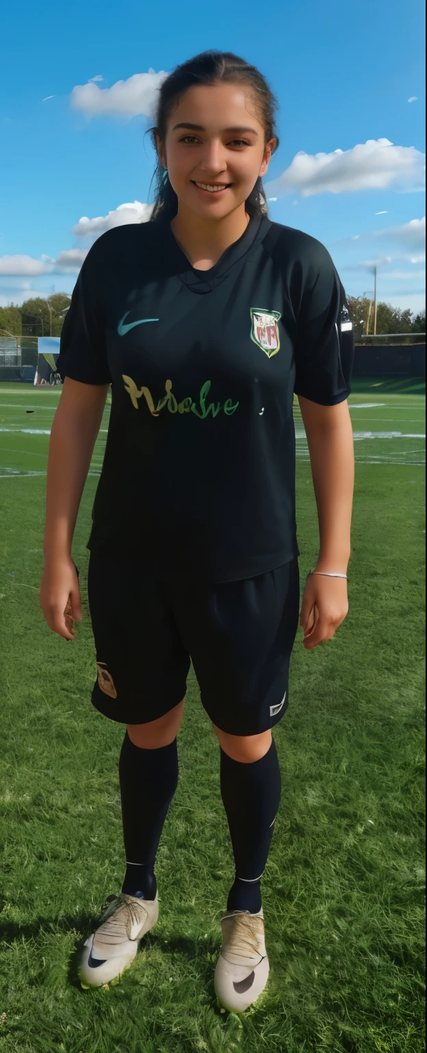 best quality,ultra-detailed,realistic,portrait,beautiful detailed eyes,beautiful detailed lips,long eyelashes,smiling,confident,black hair,curly hair,green eyes,athletic build,stylish outfit,football jersey,football shorts,football boots,grass field,sunset lighting,vibrant colors