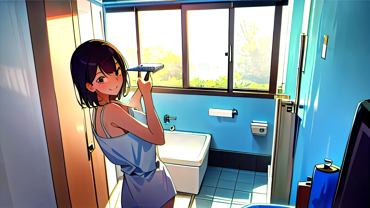 Large bathroom、A woman is taking a shower、In the back16:9Ratio TV