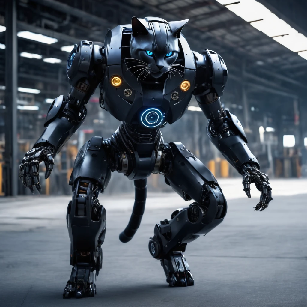 A realistic photo of a humanoid robot (Anthropomorphic) Dark cat in a gigantic high-tech suit, Action Movement, Full pose, whole body, steampunk, Attention to detail, Many image details, 8k, Surreal