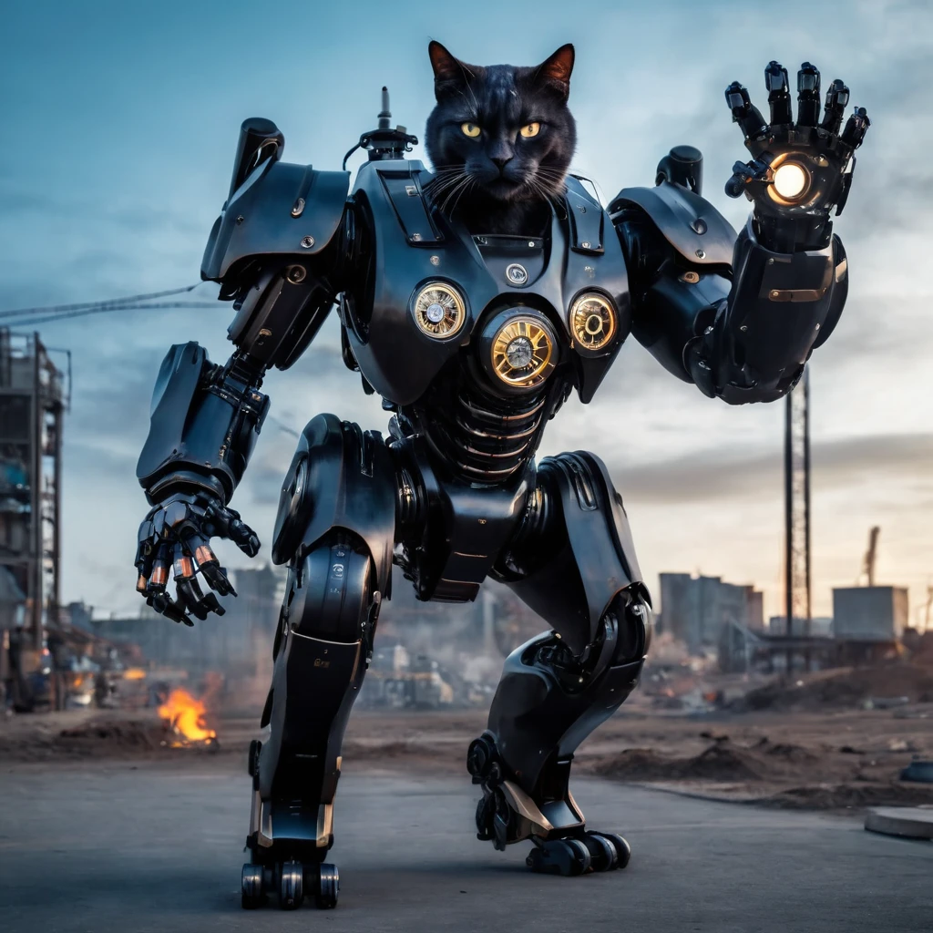 A realistic photo of a humanoid robot (Anthropomorphic) Dark cat in a gigantic high-tech suit, Action Movement, Full pose, whole body, steampunk, Attention to detail, Many image details, 8k, Surreal