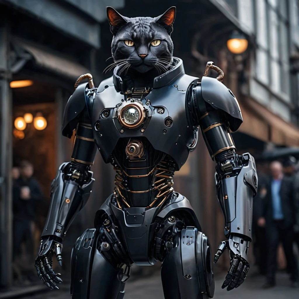 A realistic photo of a humanoid robot (Anthropomorphic) Dark cat in a gigantic high-tech suit, Action Movement, Full pose, whole body, steampunk, Attention to detail, Many image details, 8k, Surreal