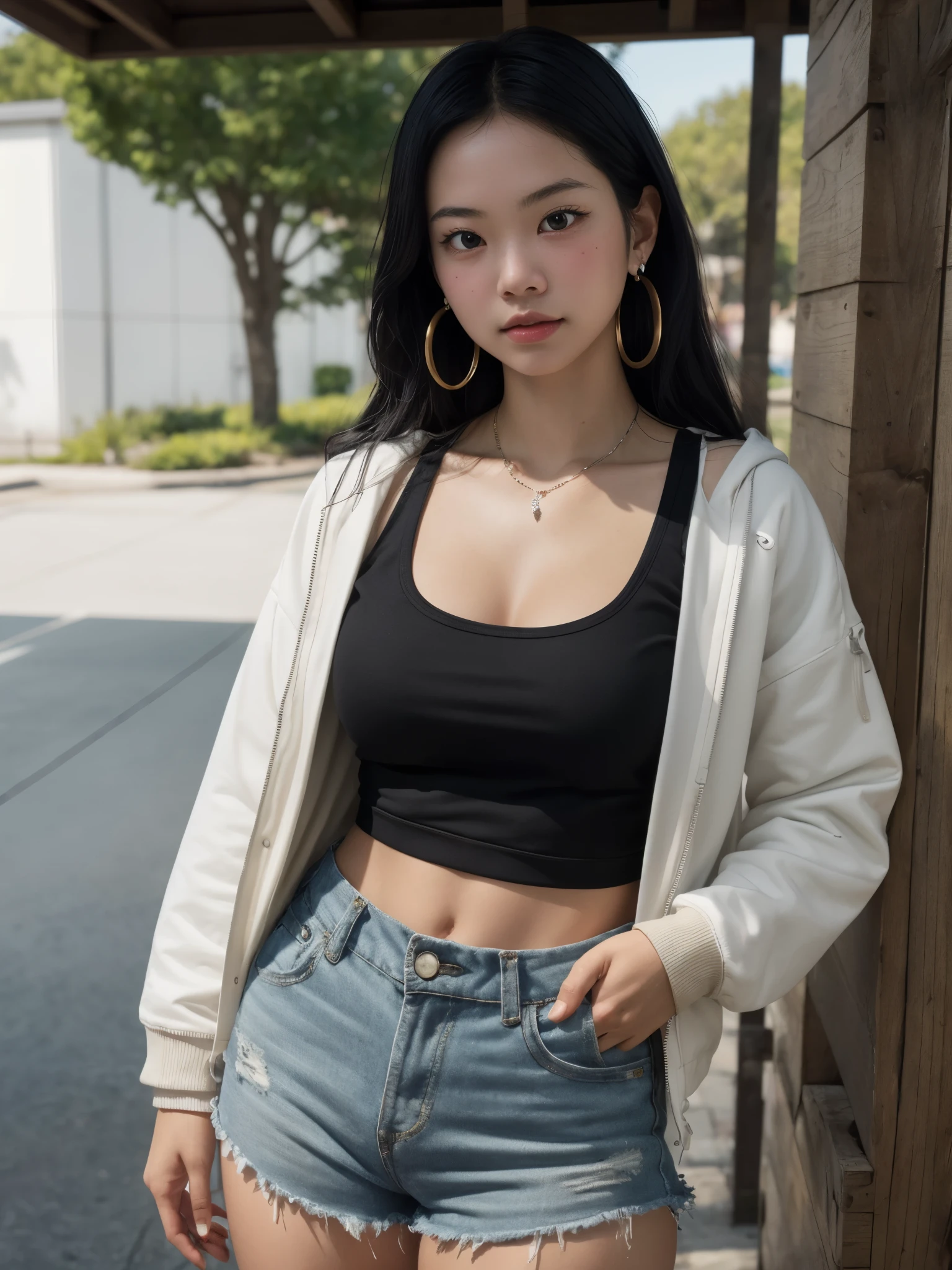 1girl, (18yo), (asian:hispanic), warm olive skin undertone, large breast, brown eyes, thick eyelashes, straigh long black hair, 
open hoodie jacket, tank top, high waisted short shorts, hoop earring, chunky necklace, tangle strings, (realistic:1.3), outdoor, (best_quality, masterpiece:1.2), (highly detailed), (4k, 8k, uhd, high_resolution, highres), 