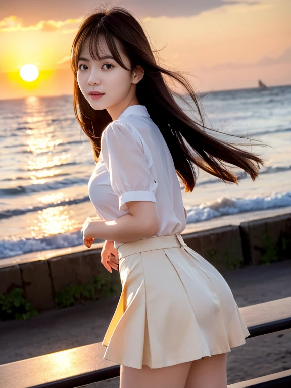 (highest quality, High resolution, Tabletop :1.3), (Shooting from below), high school girl、Wearing 、、Japanese women,（whole body：1.3）、24-years-old、Wearing a miniskirt、Healthy thighs、Even bangs、 Very beautiful face, Beautiful girls, Beautiful realistic face,Beautiful woman, Orange sunset sky, Sun and clouds with ocean in the background,  her hair is black、Long Hairstyles、She is wearing a white short-sleeved blouse and a navy pleated skirt, Stand with your feet wide apart,looking at the camera, Dynamic photography