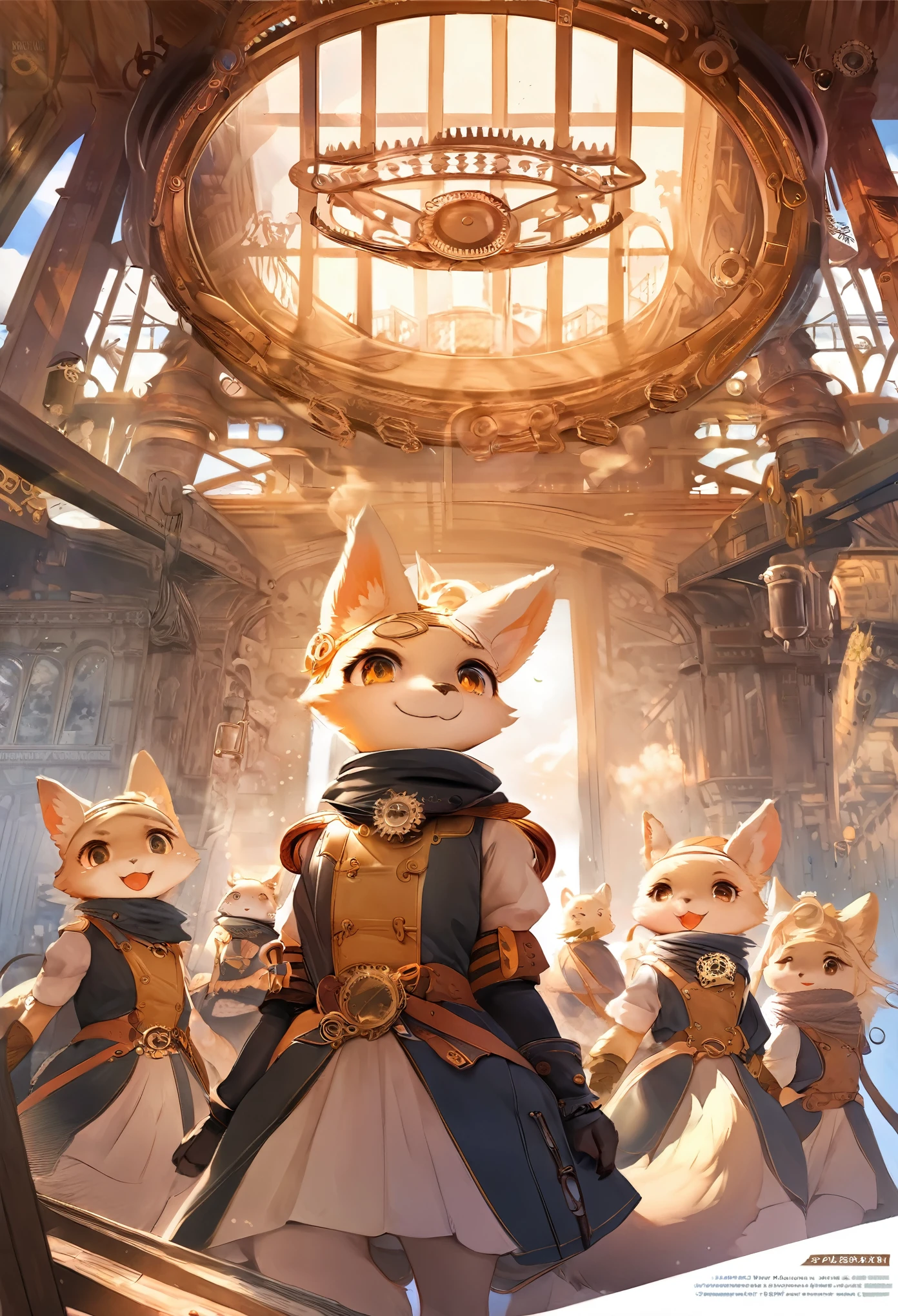 cover_page, highres, top quality, best quality, paid reward available, High-quality illustrations, unparalleled masterpiece, perfect artwork, absurdres, super high resolution, detailed background, Steam punk, Beautiful World Heritage, 6+boys, 6+girls, Happy, joyful(Photos of solo travelers)(kemono, furry anthro)cinematic lighting, dynamic angle,