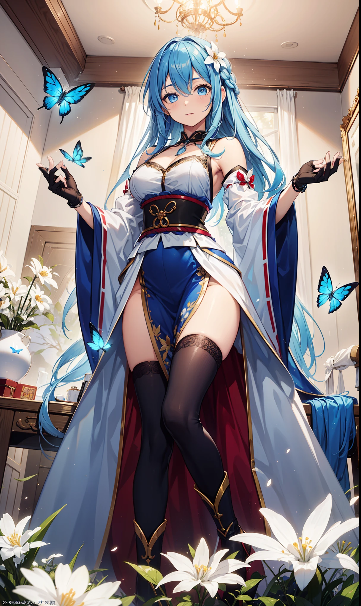 Dynamic angle, Super detailed, illustration, close up, direct, 1 girl, (fantasy: 1.4), (blue eyes: 1.233), Her eyes shone like dream stars, (Bright Eyes: 1.233), (fair, Delicate eyes:1.1),(Silver Hair:1.14),(Messy hair,Very long hair,French braid,Hair between the eyes,Side Chain),(+(Blue hair flower:1.14)),(chiffon dress, Teapot flower pattern on)/=(military uniform: 1.24),(Separate sleeves,Wide sleeves),(fingerless gloves),Necklace,(Miko&#39;s thighs),high-heel boots,(Expressionless,mouth close),(permanent), (Princess boudoir in the white ancient palace，Features a dressing table and floor-to-ceiling windows), (white flowers, flowering), (deep sea), (Tap water), (A dark blue tree in the world: 1, 14), (ruins), (night: 1,2),soul,dream,(Fluorescence),(Flying translucent blue butterfly:1.15), [[slender fingers and hands:0.55]::0.85],(Detailed fingers) ,(yubao:0.5),