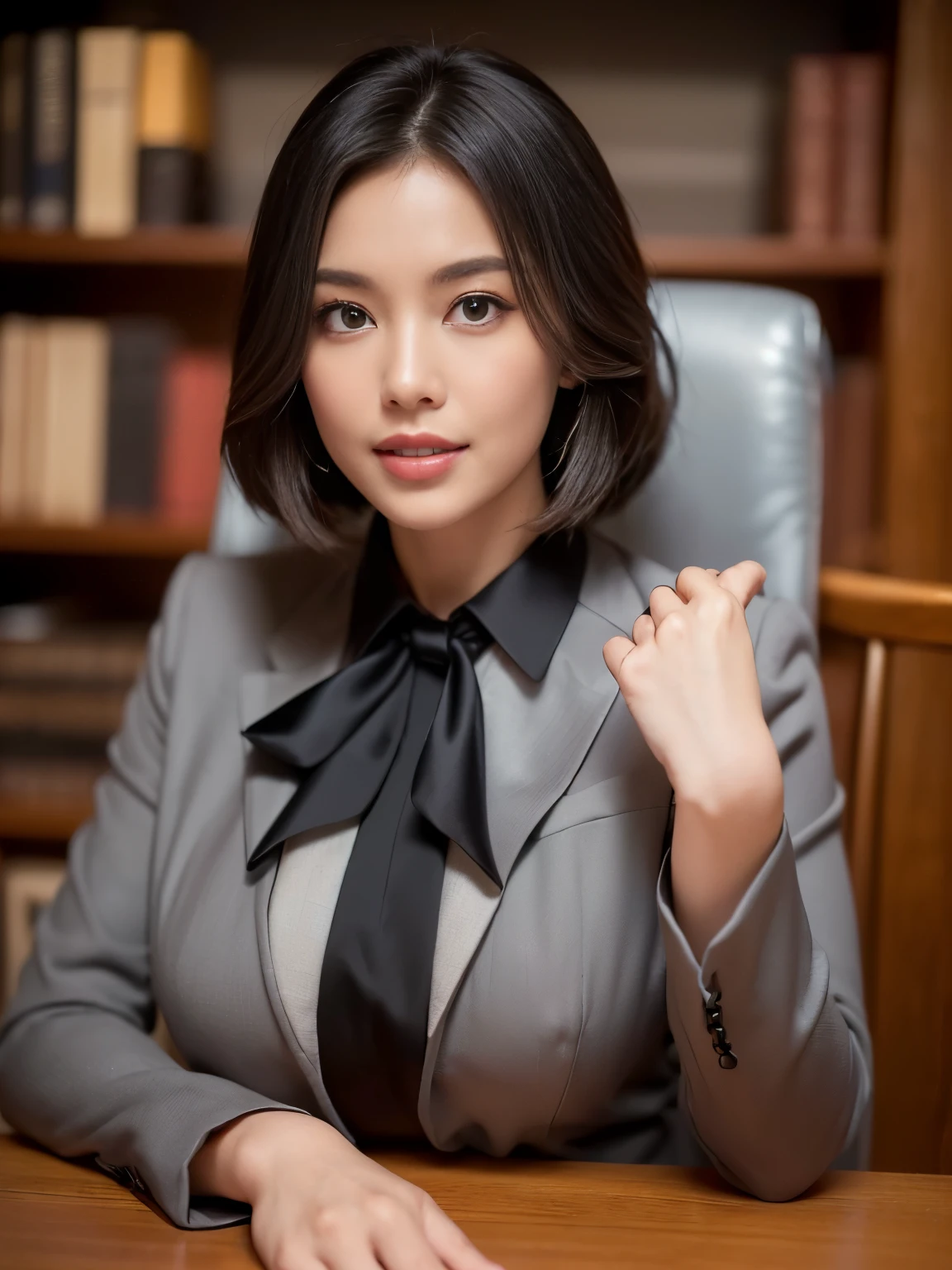 ((highest quality、Tabletop、8k、Best image quality))、(一人の成熟したwoman、She holds the most luxurious CEO position)、Wooden furniture in the office、It's hanging on a large wooden desk.、Sitting in a chair、Secretary with elegant posture、(1 photo:1.5)、(woman'Photo of'Upper Body:1.5)、(Dark grey formal suit:1.4)、(black formal blouse:1.4)、(The most extravagant and luxurious library room、Bright candle lighting、The most luxurious and luxurious desk、The most luxurious and luxurious glass showcase、the most luxurious and luxurious chair、the most luxurious and luxurious carpet、The most luxurious and luxurious bookshelf、the most luxurious and luxurious curtains)、Perfect Anatomy、Beautiful Teeth、smile、Detailed face、(D cup breasts)、(standard body shape)、(Short black hair:1.6)、