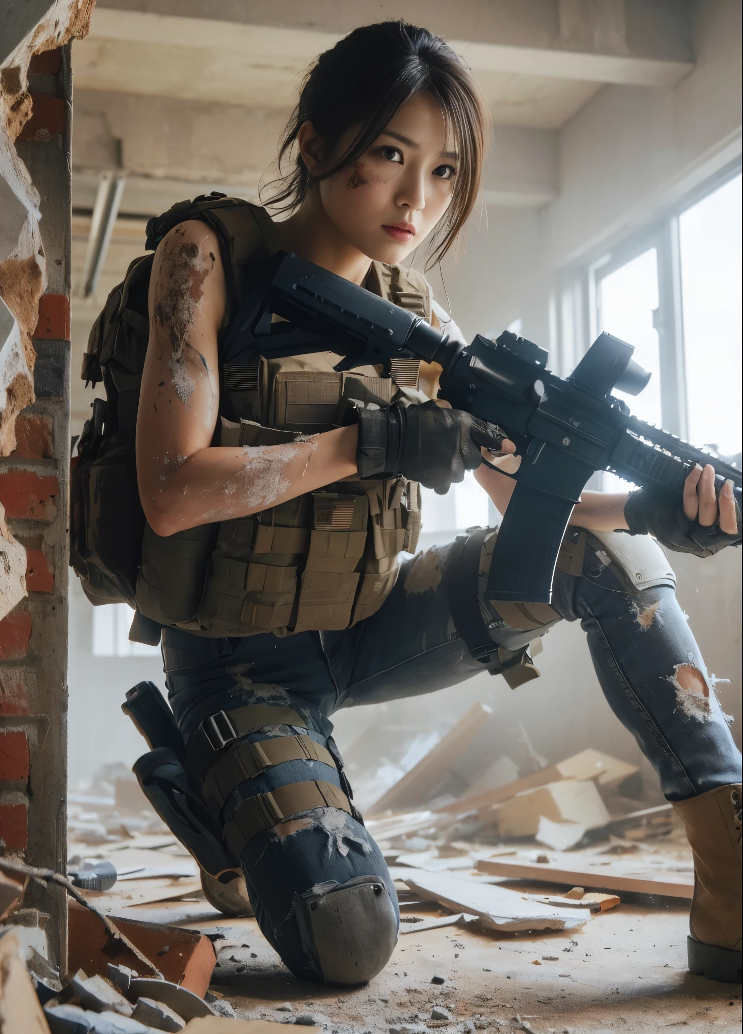 (best quality, 8K, realistic photo:1.2), realistic skin texture, beautiful Japanese woman belonging to the US military, amidst a building strewn with debris, under attack, trying to escape while fighting back, crumbling walls, assault rifle, bulletproof vest, backpack, boots, covered in wounds, determined expression, dynamic pose, innovative composition, dust in the air